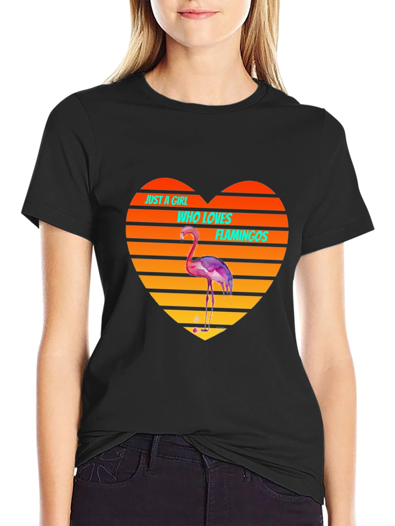 Black Flamingo Lover Heart T-Shirt - Just a Girl Who Loves Flamingos Tee view 2