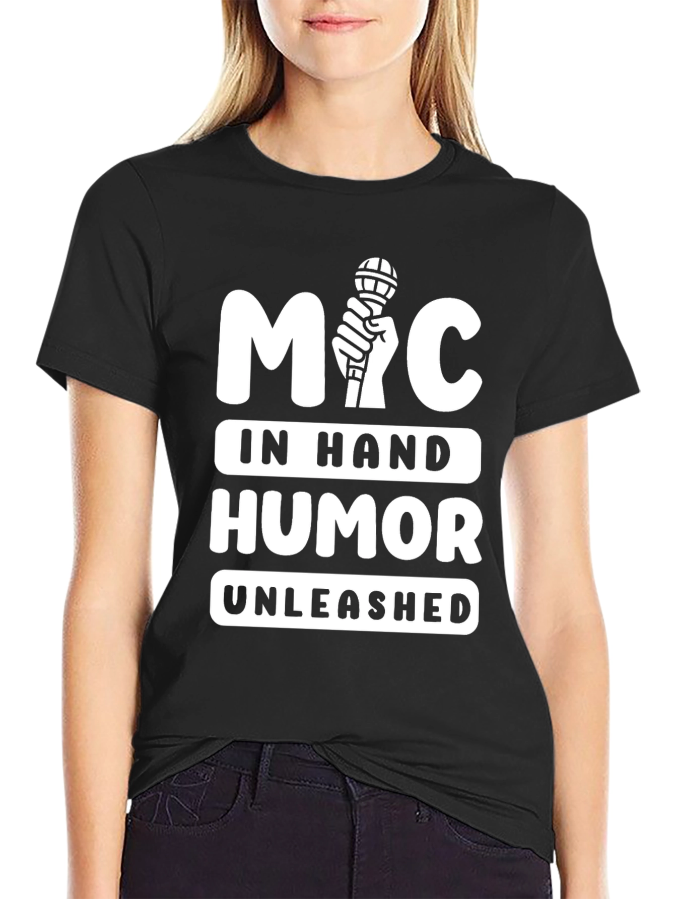 Black Mic In Hand Humor Unleashed Graphic Tee view 2