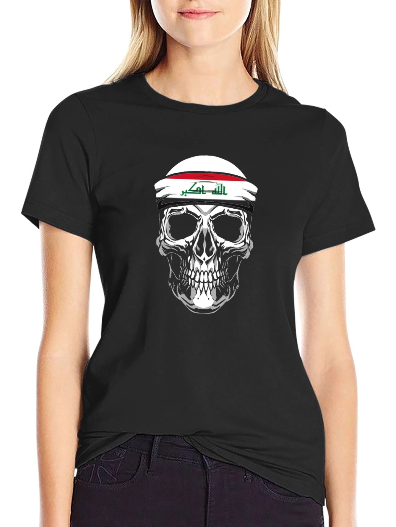 Black Iraqi Flag Skull Graphic Tee - Mens Black T-Shirt view 2