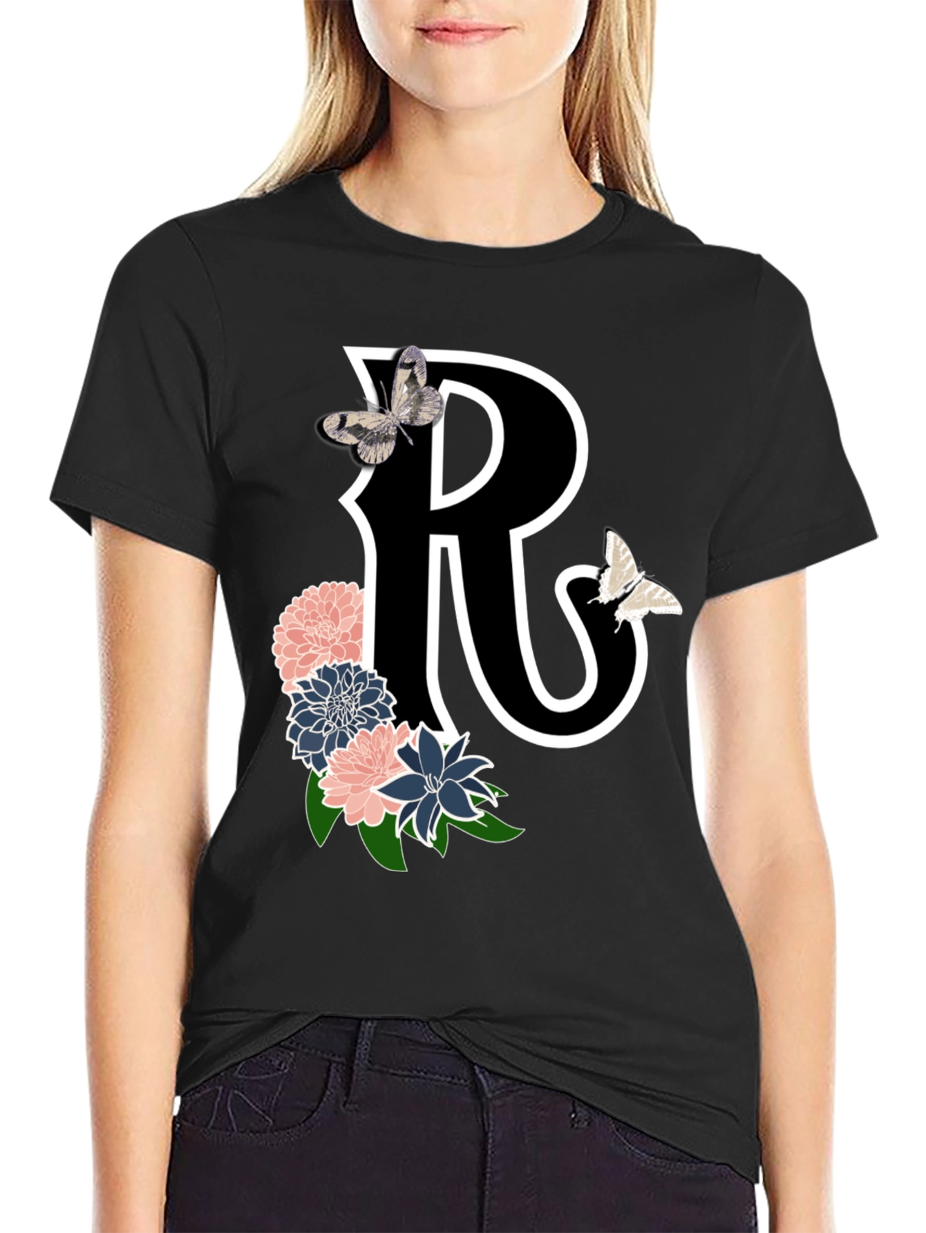 Black Letter R Floral Butterfly Black T-Shirt view 2