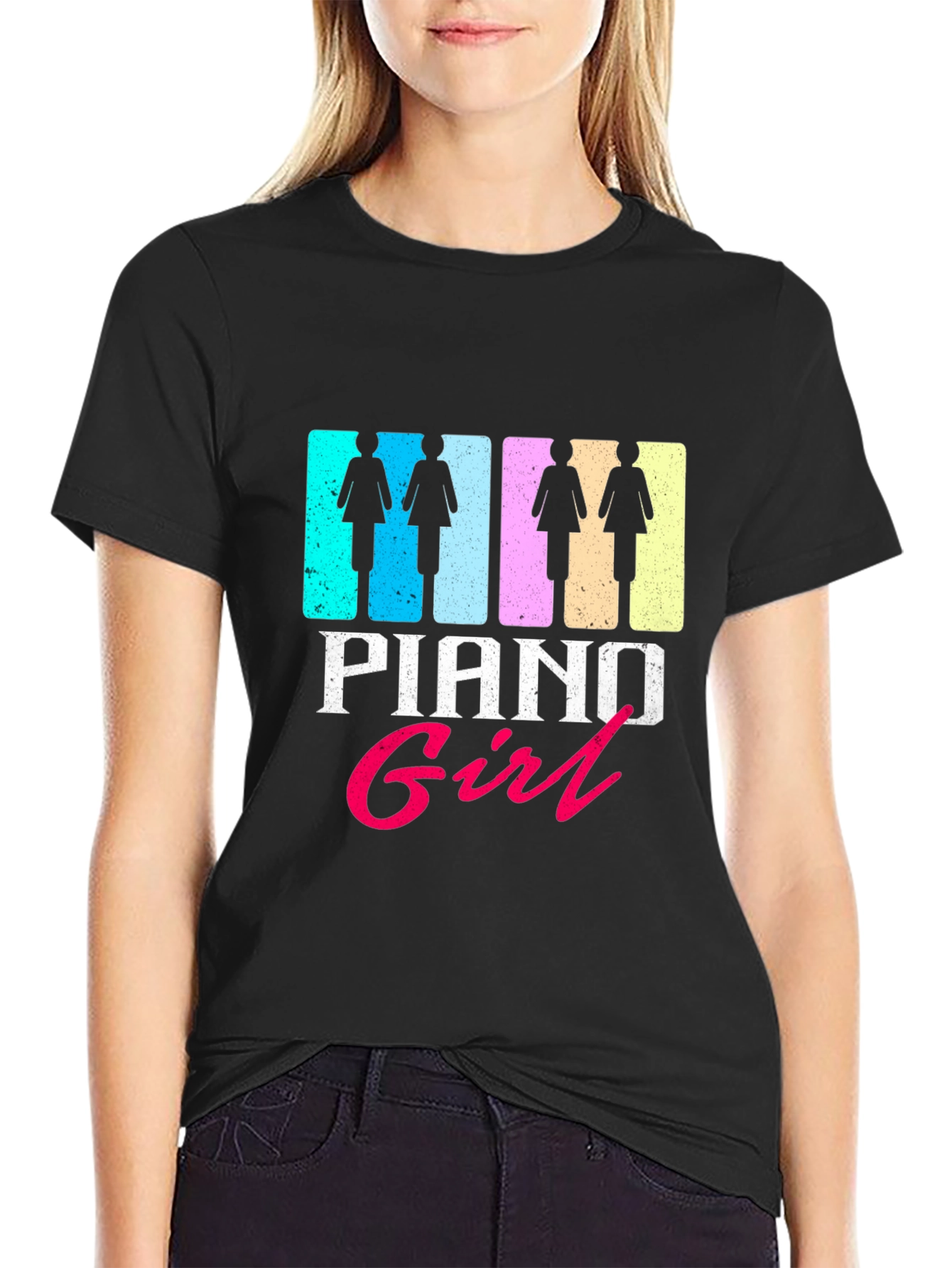 Black Piano Girl Graphic T-Shirt - Trendy Music Lover Tee view 2