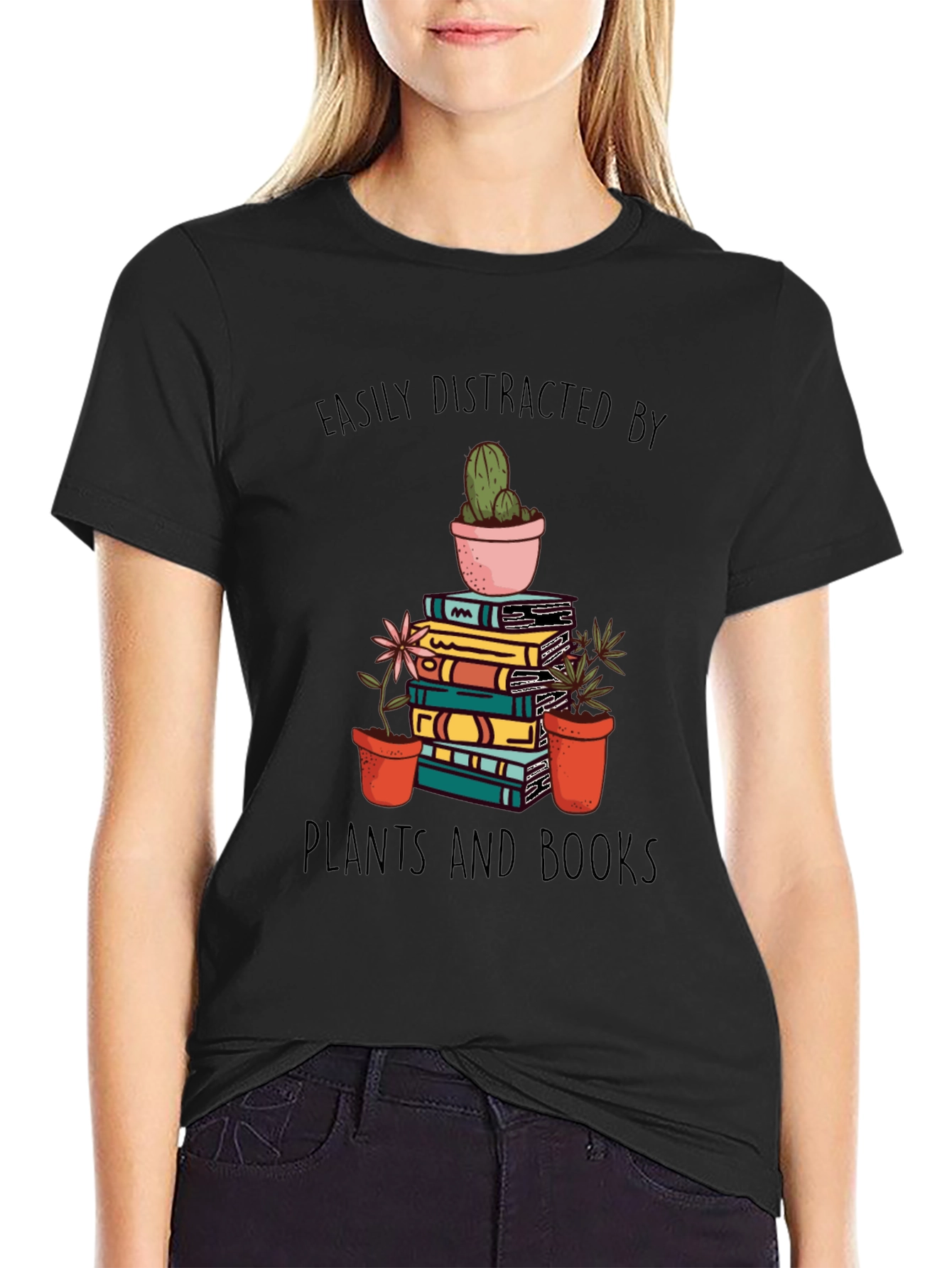 Black Easily Distracted by Plants and Books T-Shirt view 2