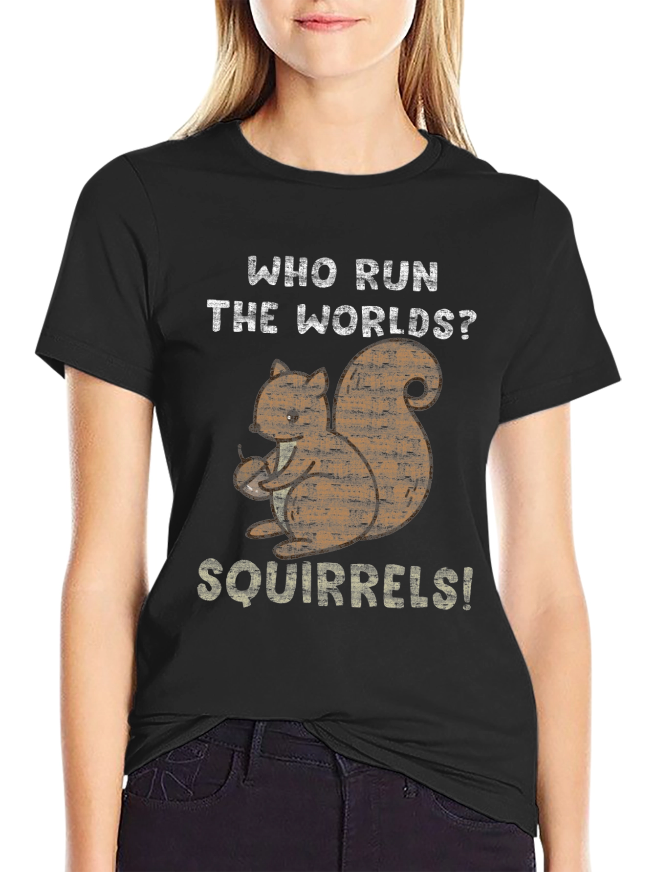 Black Who Run The Worlds? Squirrels! Black Cotton T-Shirt view 2