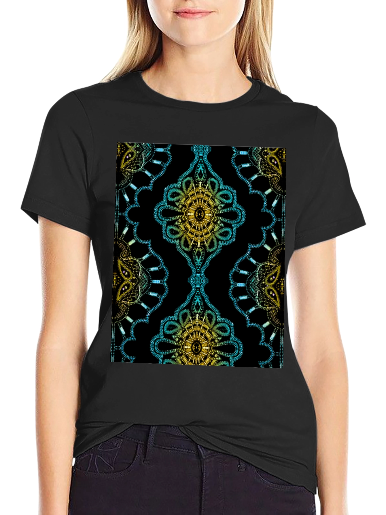 Black Patterned Black Crew Neck T-Shirt view 2
