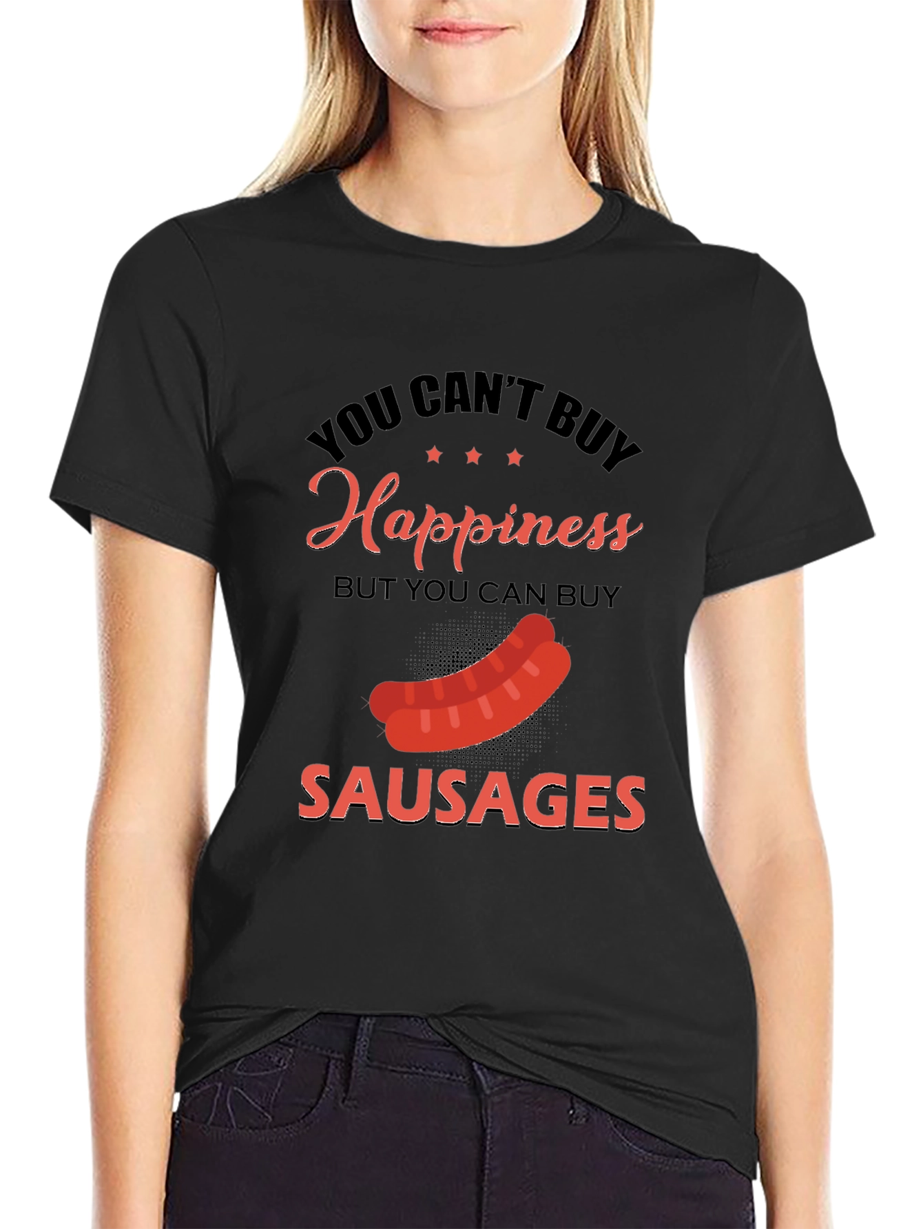 Black Funny Sausage T-Shirt: Buy Sausages, Buy Happiness! view 2
