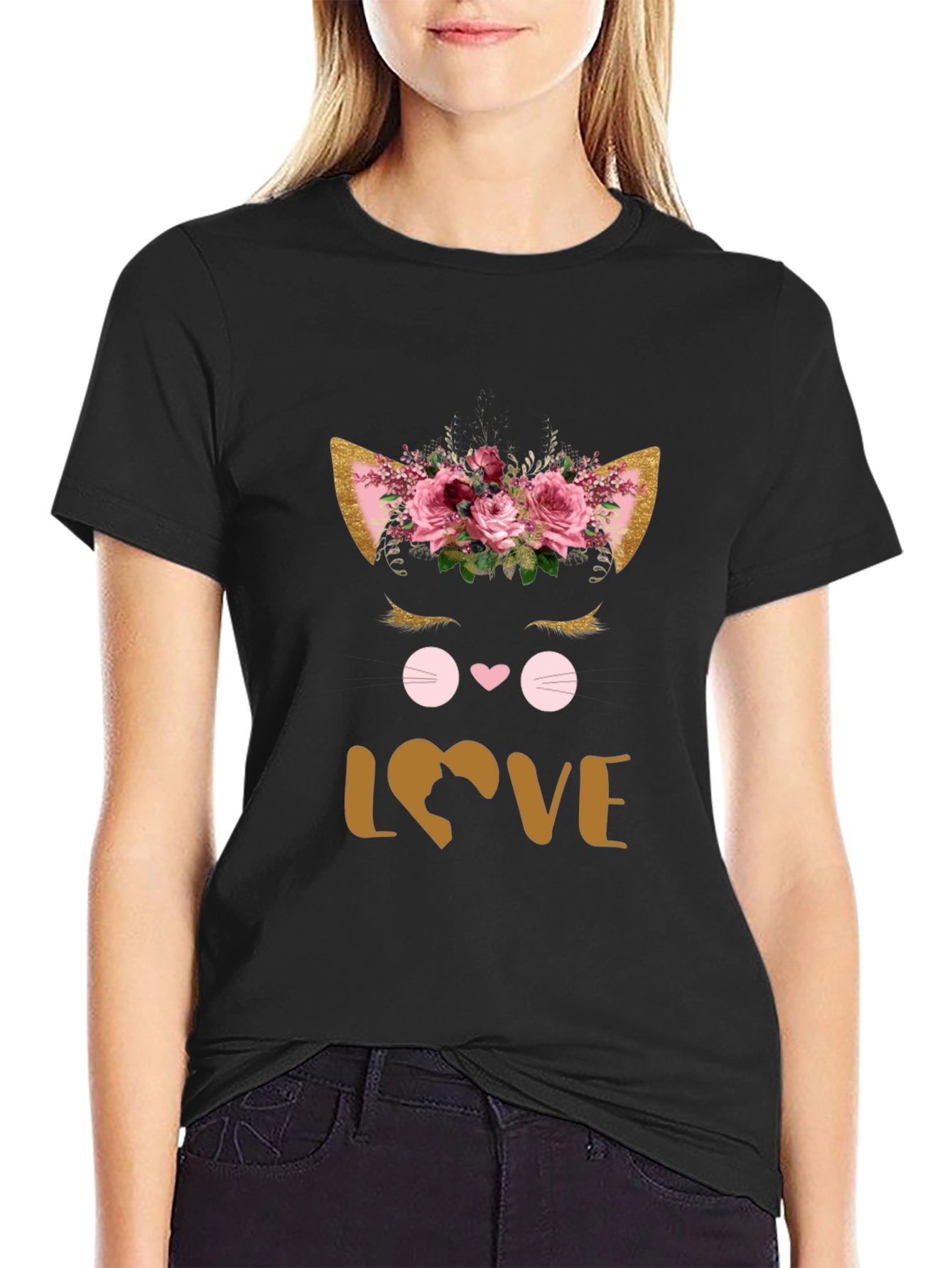 Black Floral Cat Lover T-Shirt view 2