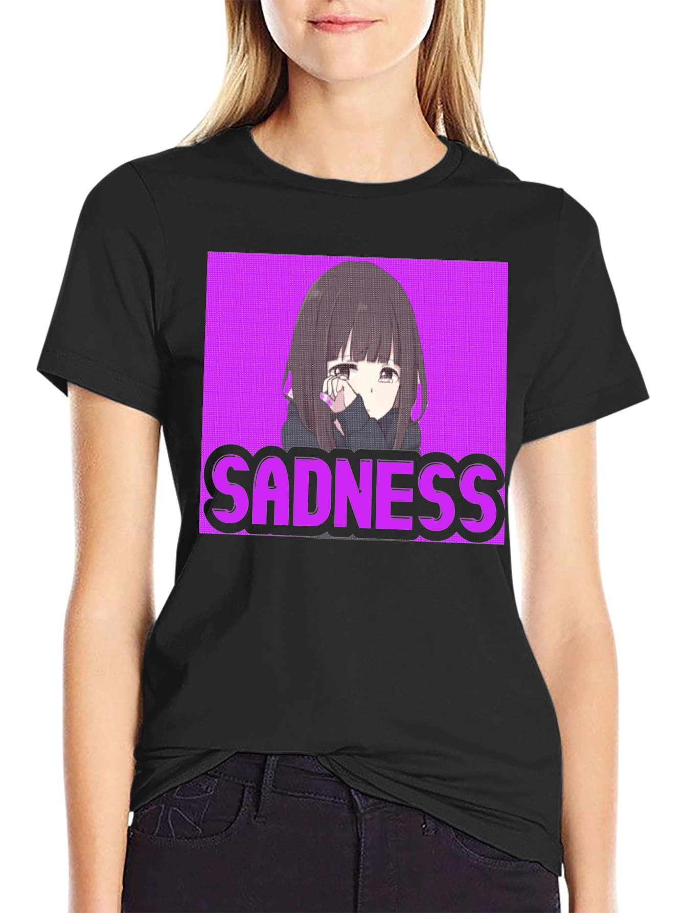Black Sadness Anime Girl T-Shirt - Streetwear Graphic Tee view 2