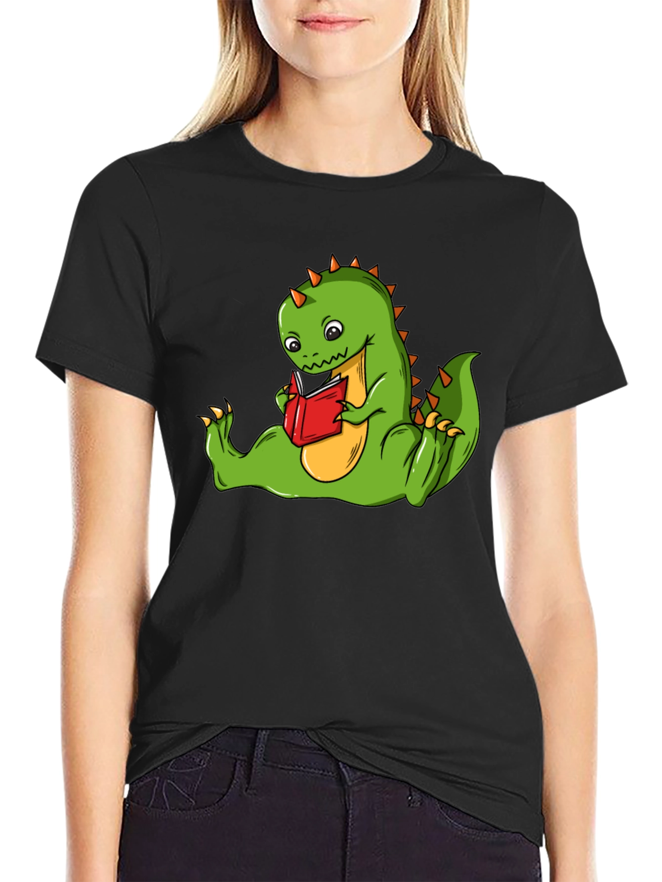 Black Dinosaur Reading Book T-Shirt - Fun Graphic Tee view 2