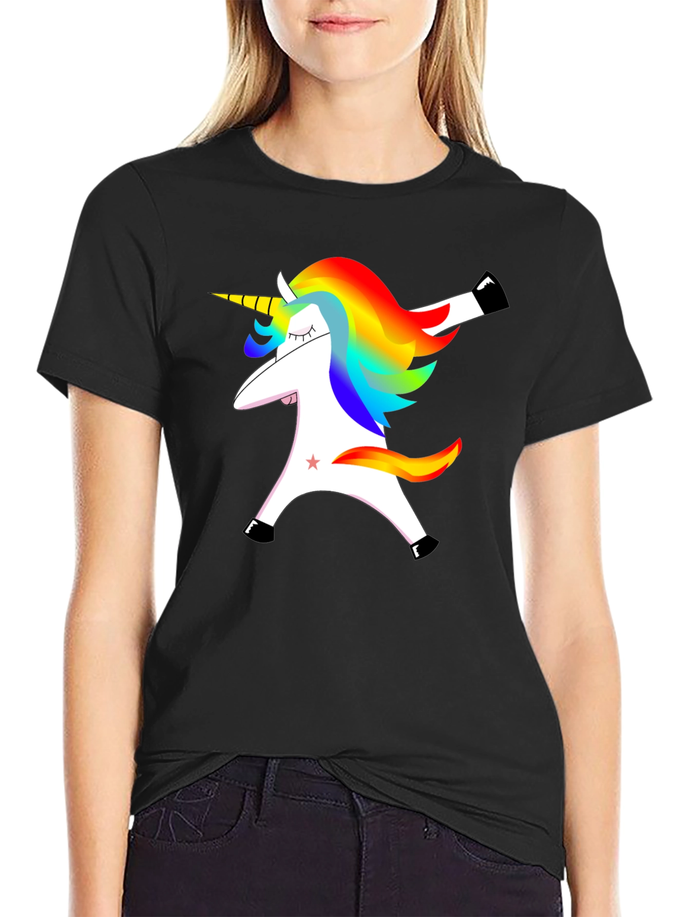 Black Dabbing Unicorn Graphic Tee - Black Cotton T-Shirt view 2