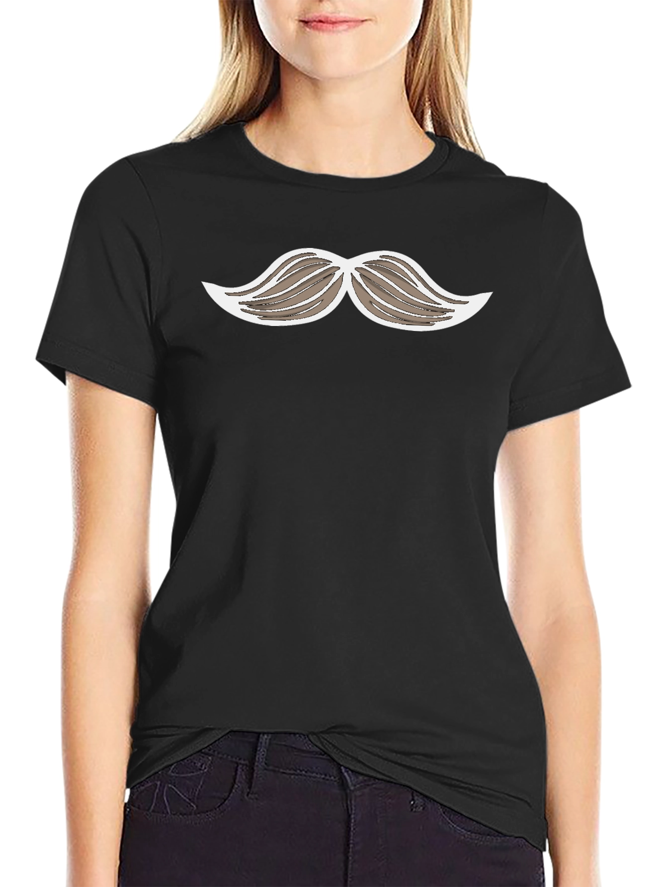 Black Funny Mustache Graphic Print Black T-Shirt view 2