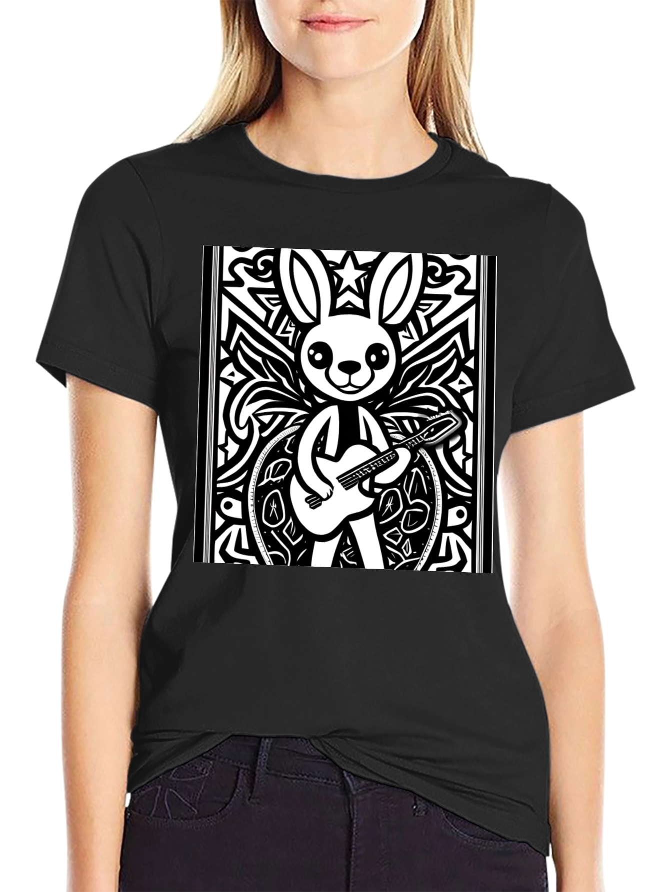 Black Cartoon Rabbit Guitarist Black T-Shirt view 2