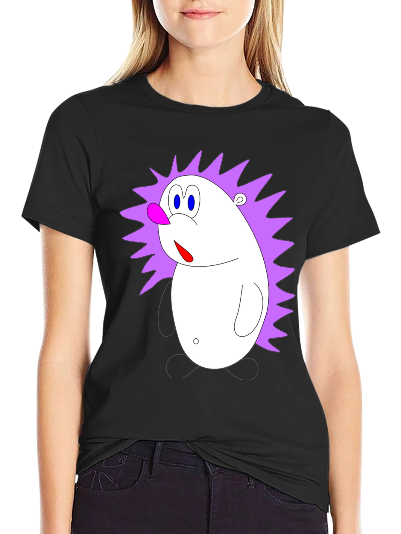 Black Cartoon Hedgehog Graphic Black T-Shirt view 2