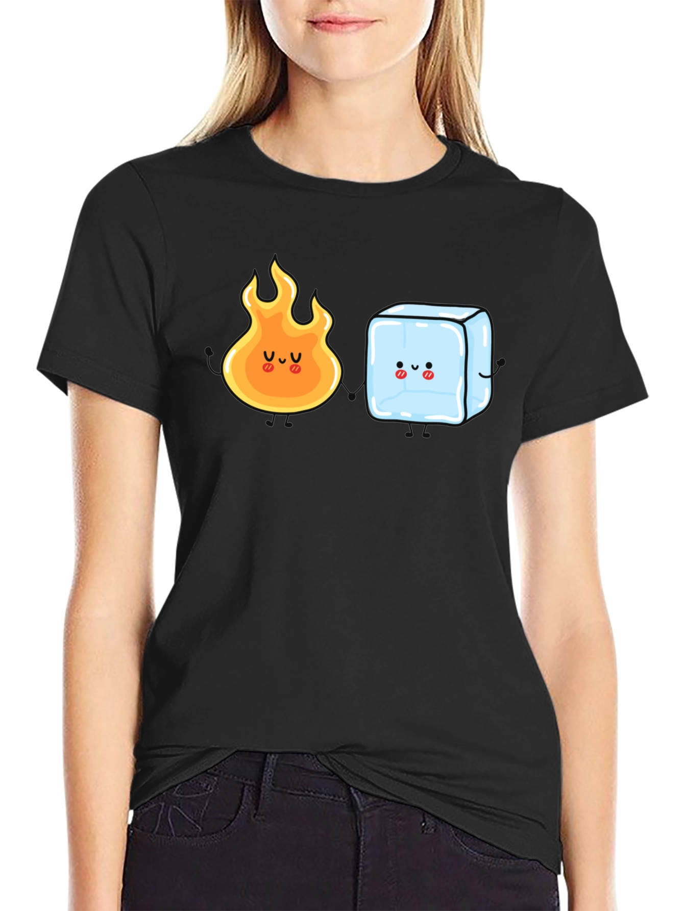 Black Cute Fire and Ice Cube Graphic T-Shirt view 2