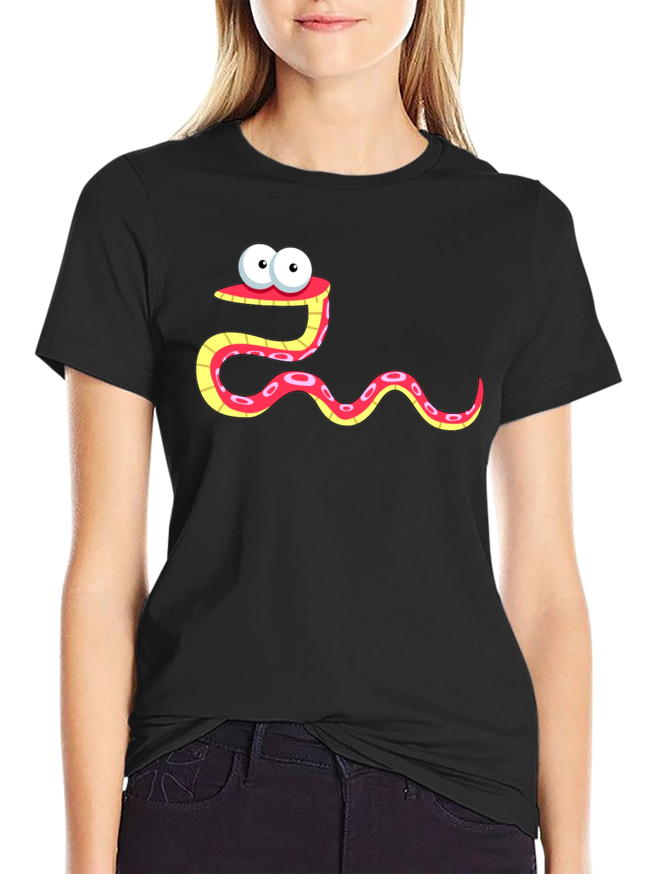 Black Cartoon Snake Graphic Tee - Black Cotton Shirt view 2