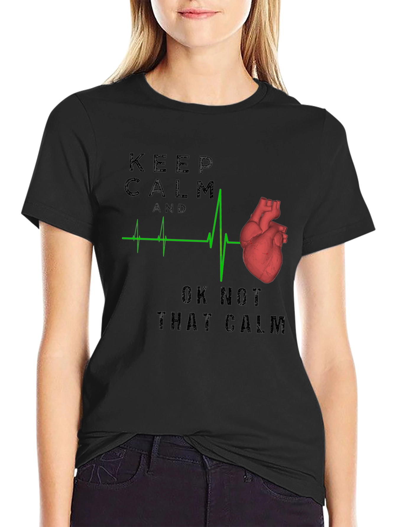 Black Keep Calm Anatomical Heartbeat T-Shirt view 2