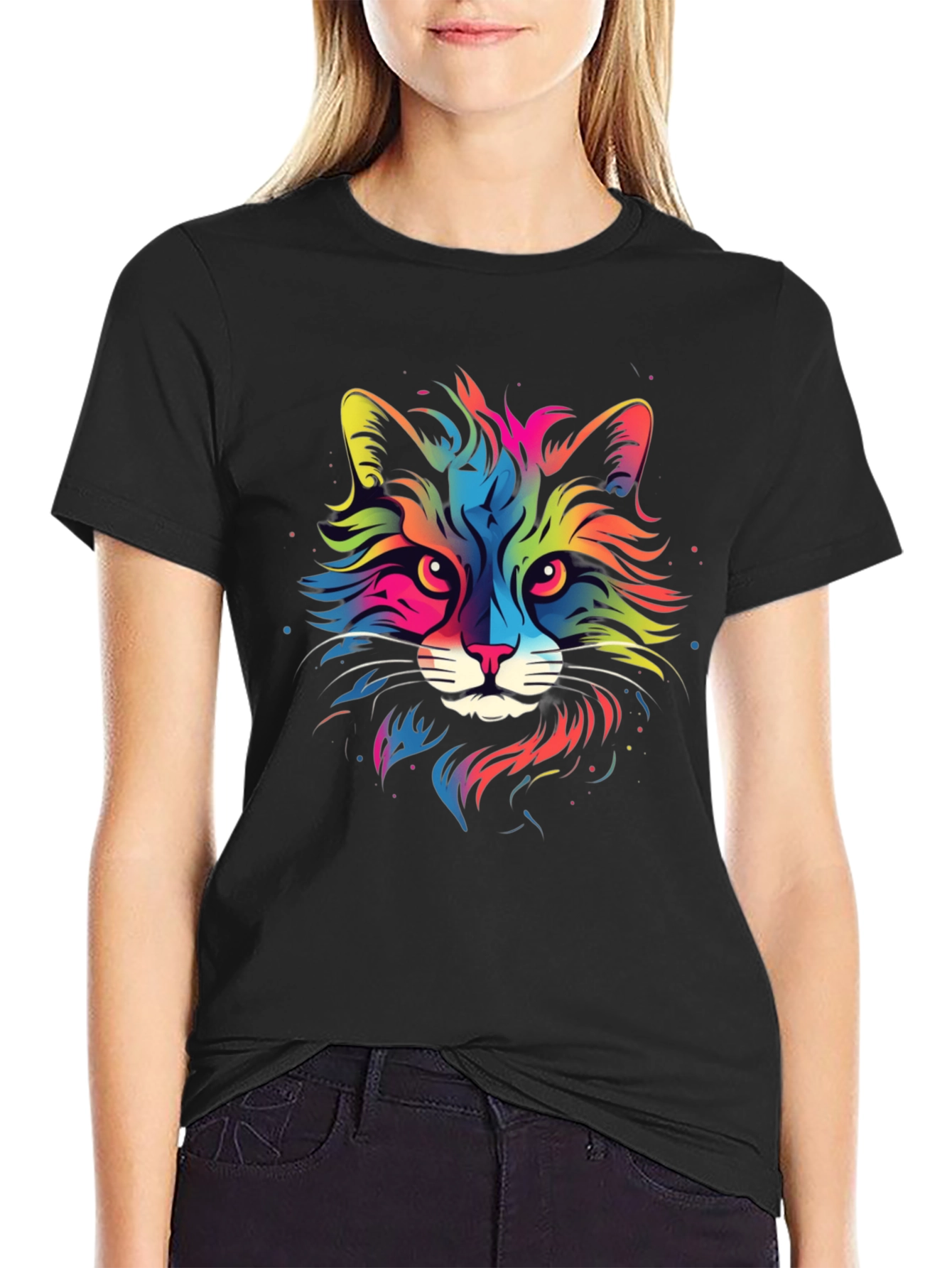 Black Colorful Cat Graphic Black T-Shirt view 2