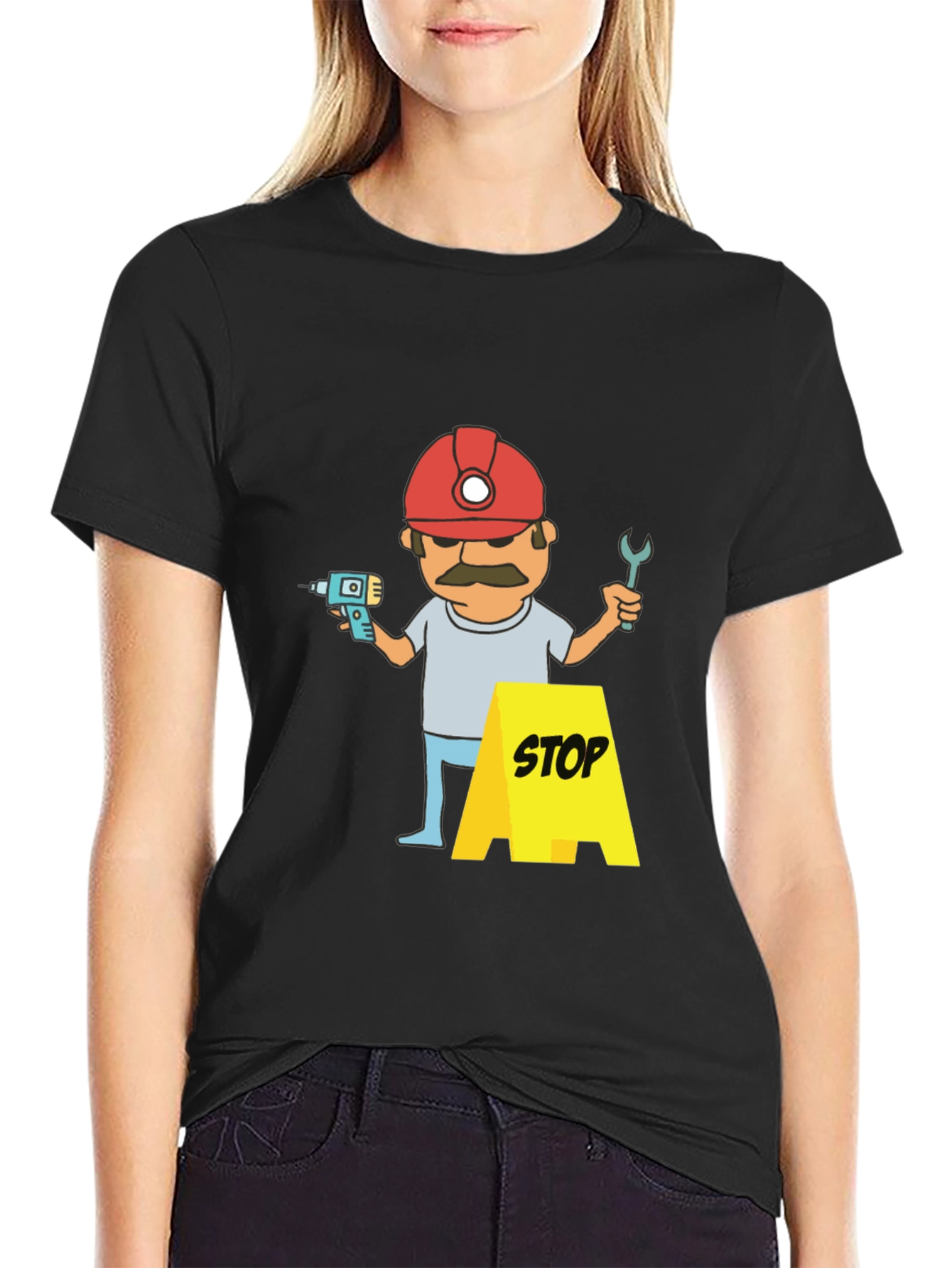 Black Construction Worker Graphic T-Shirt - Black view 2