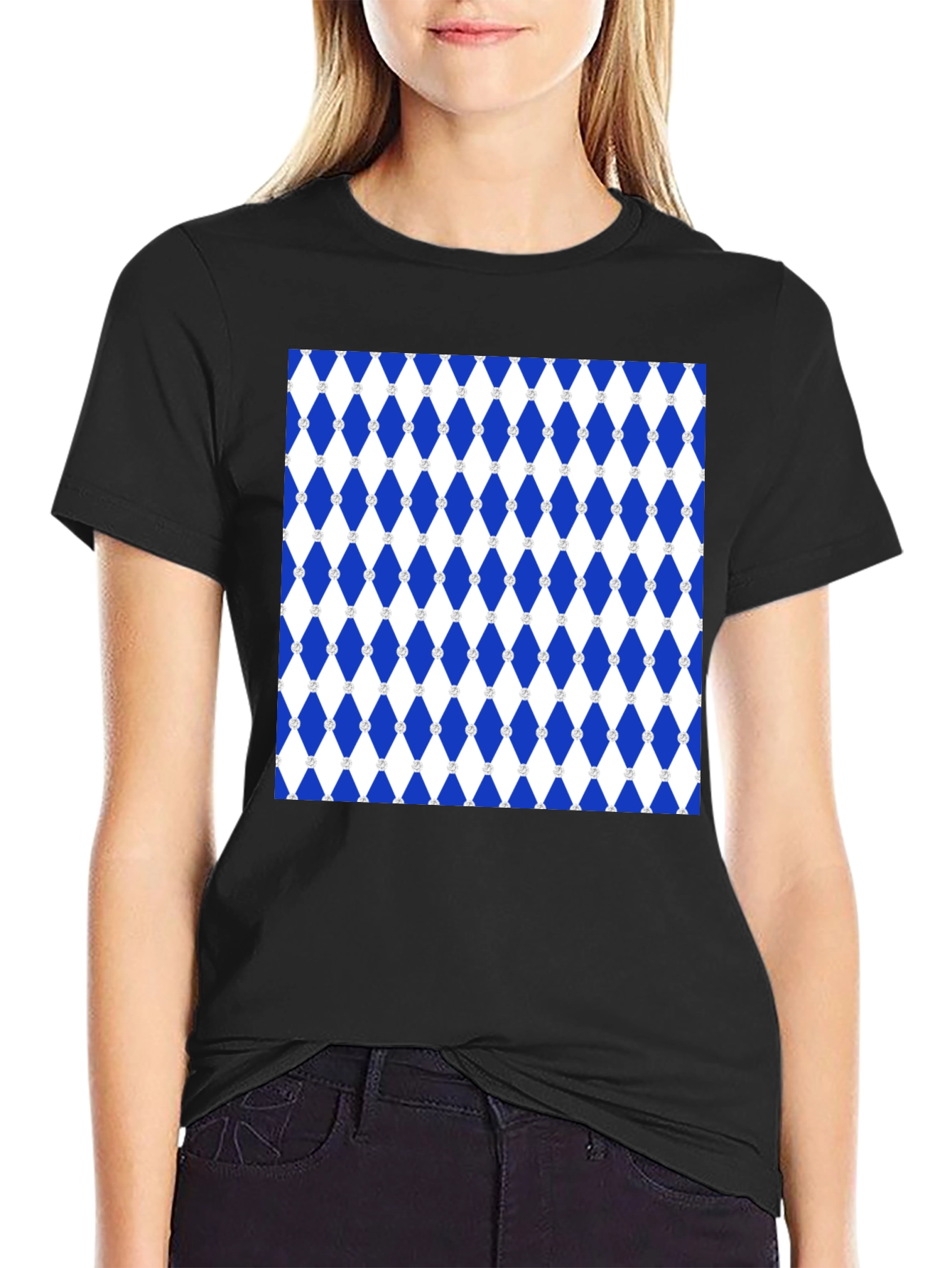 Black Blue Diamond Pattern Black T-Shirt view 2