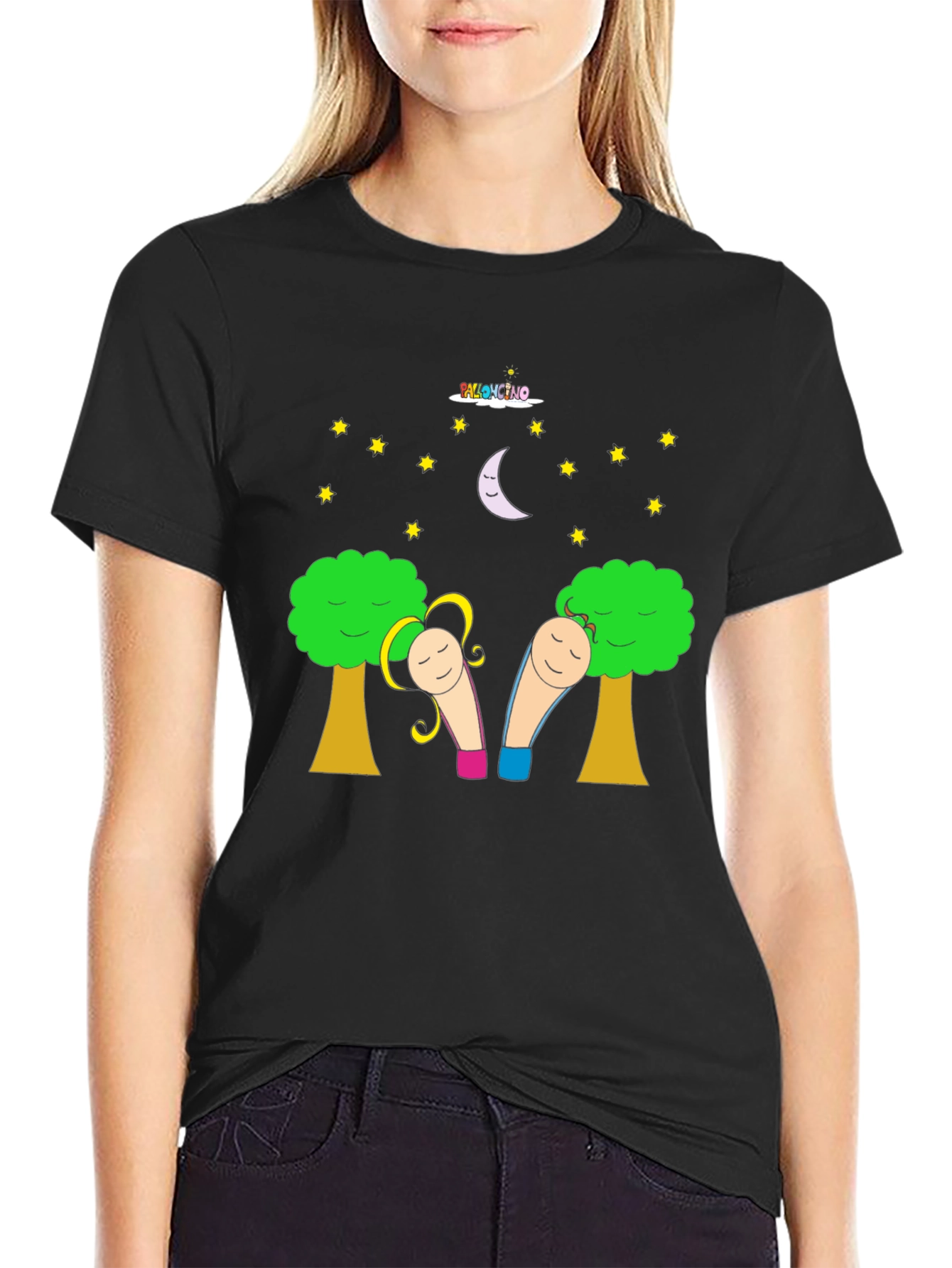 Black Whimsical Cartoon T-Shirt - Unisex Black Tee view 2