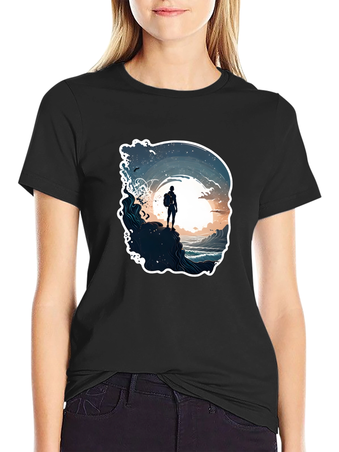 Black Ocean Adventure T-Shirt - Black, Artistic Print view 2