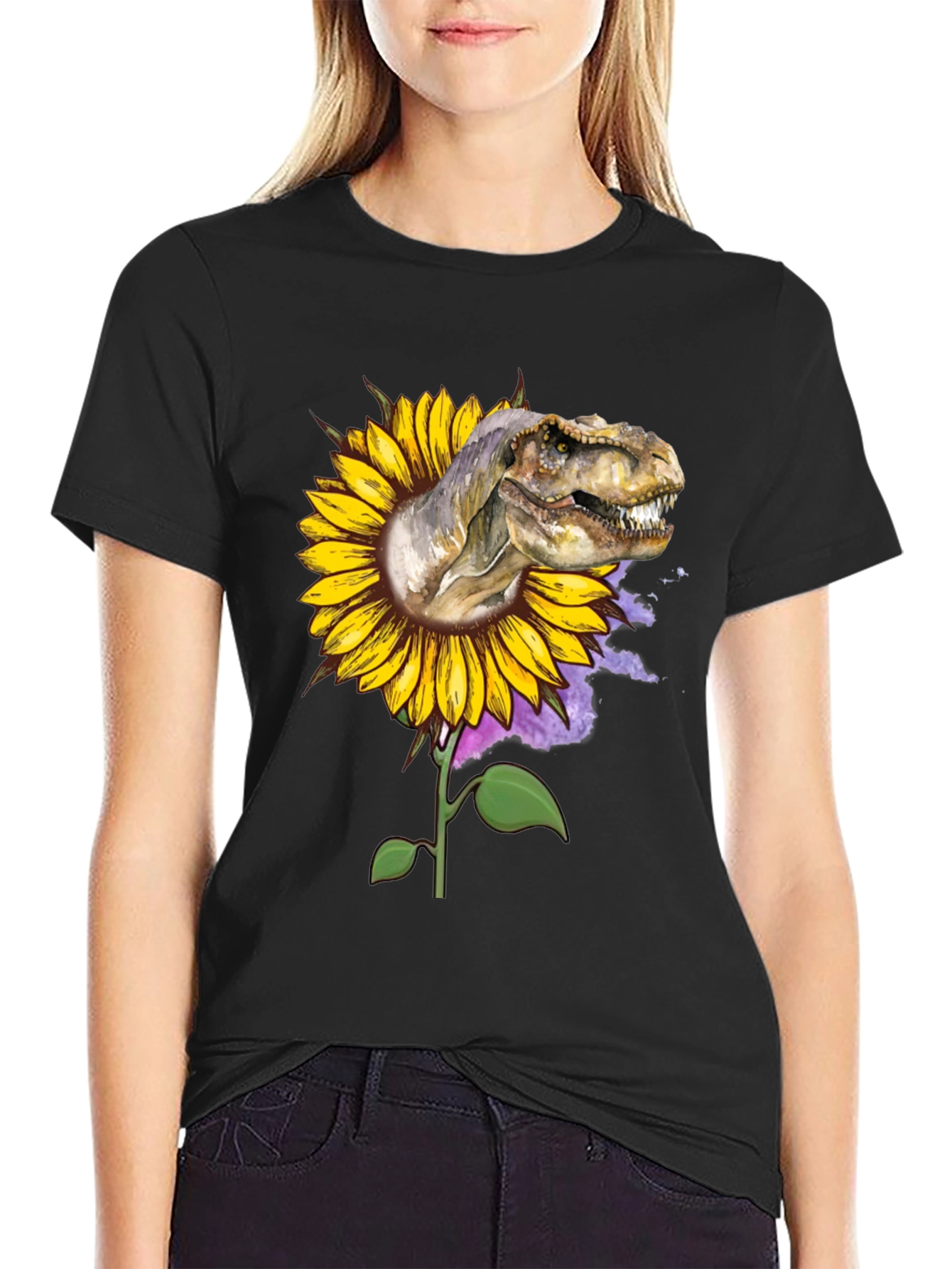 Black Dinosaur Sunflower Graphic Tee view 2