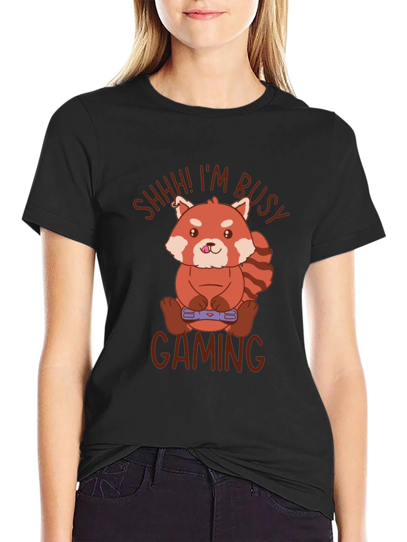 Black Gamer Red Panda T-Shirt - Shhh! I'm Busy Gaming view 2