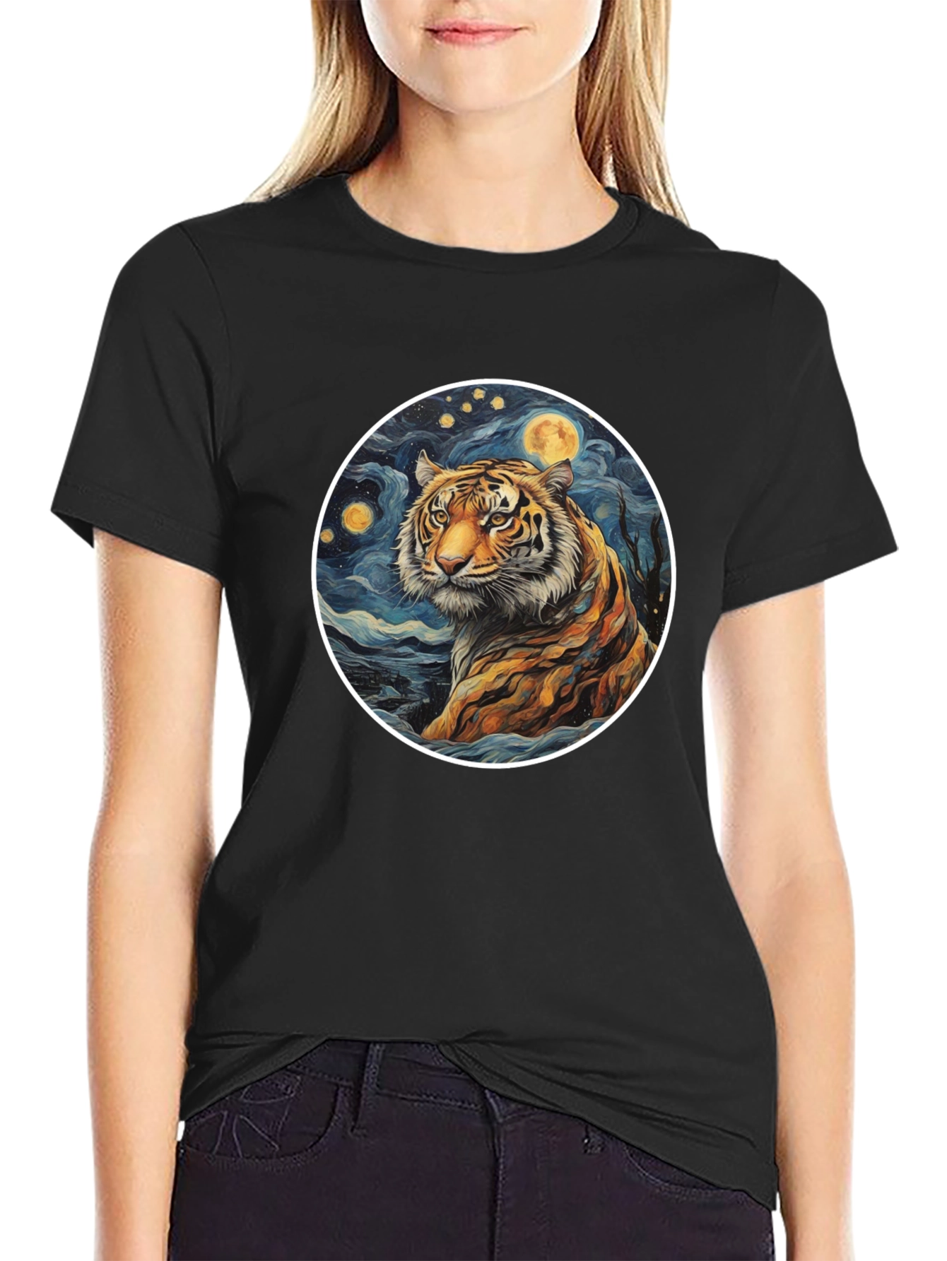 Black Tiger Moon Graphic Tee - Artistic Style view 2