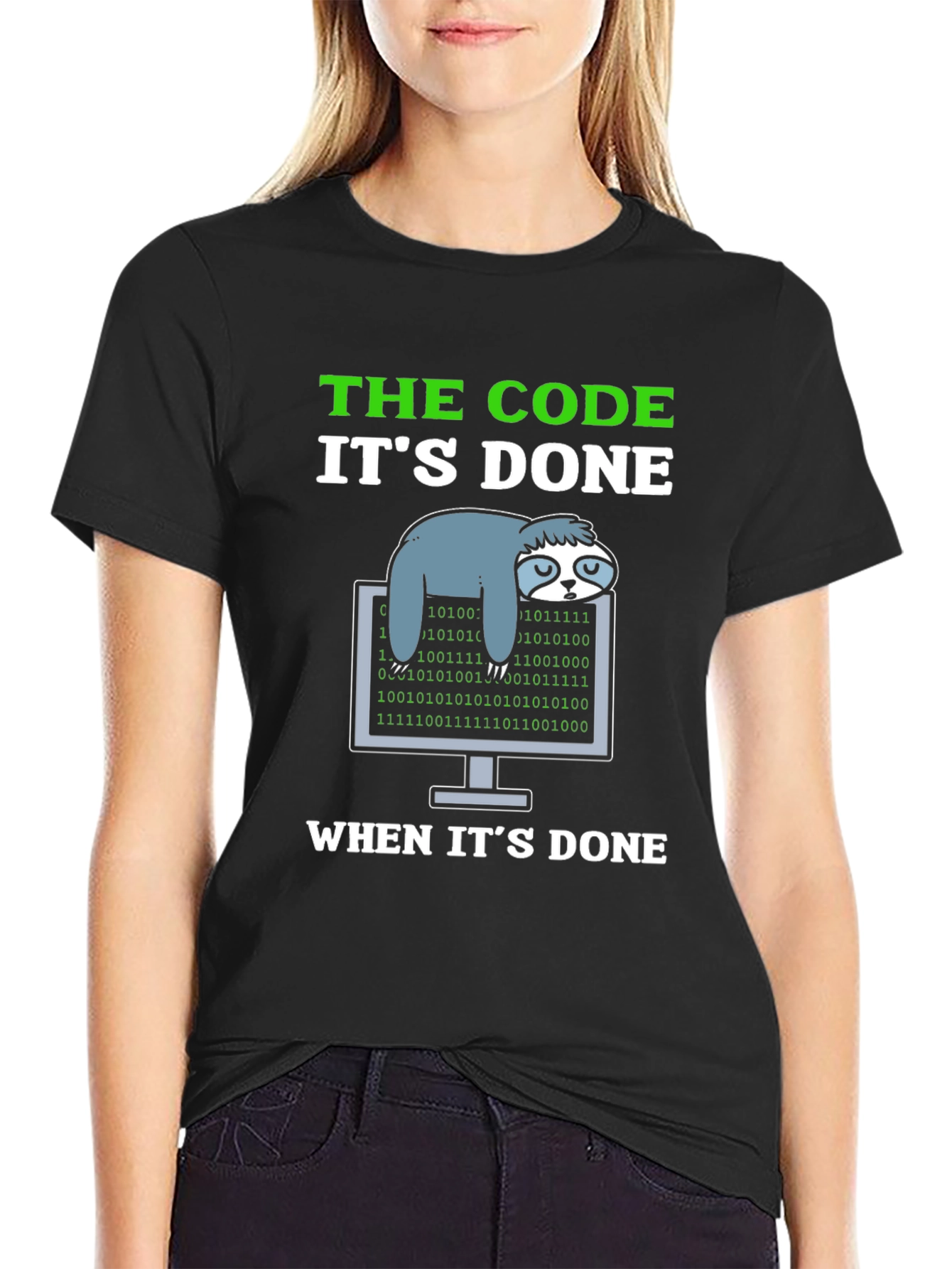 Black The Code It's Done Sloth Programmer T-Shirt view 2