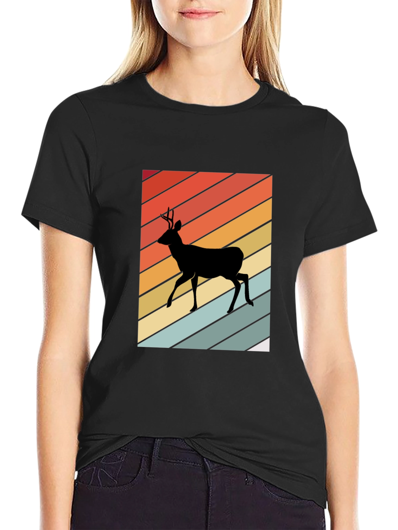 Black Retro Deer Silhouette T-Shirt view 2