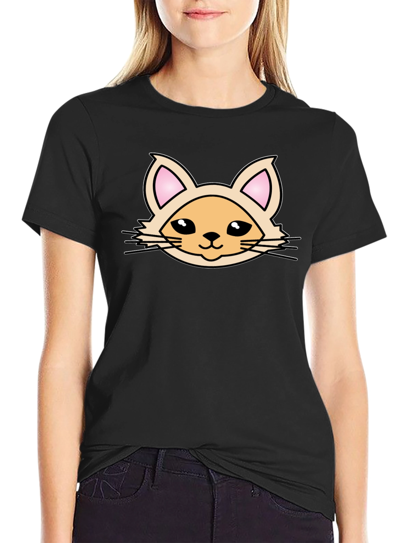 Black Cute Cartoon Cat Graphic T-Shirt - Black view 2