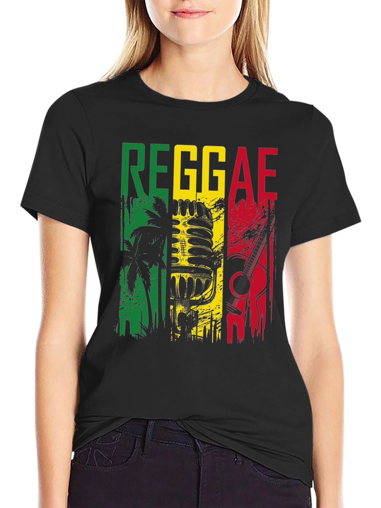 Black Reggae Music Graphic T-Shirt - Rasta Colors Design view 2