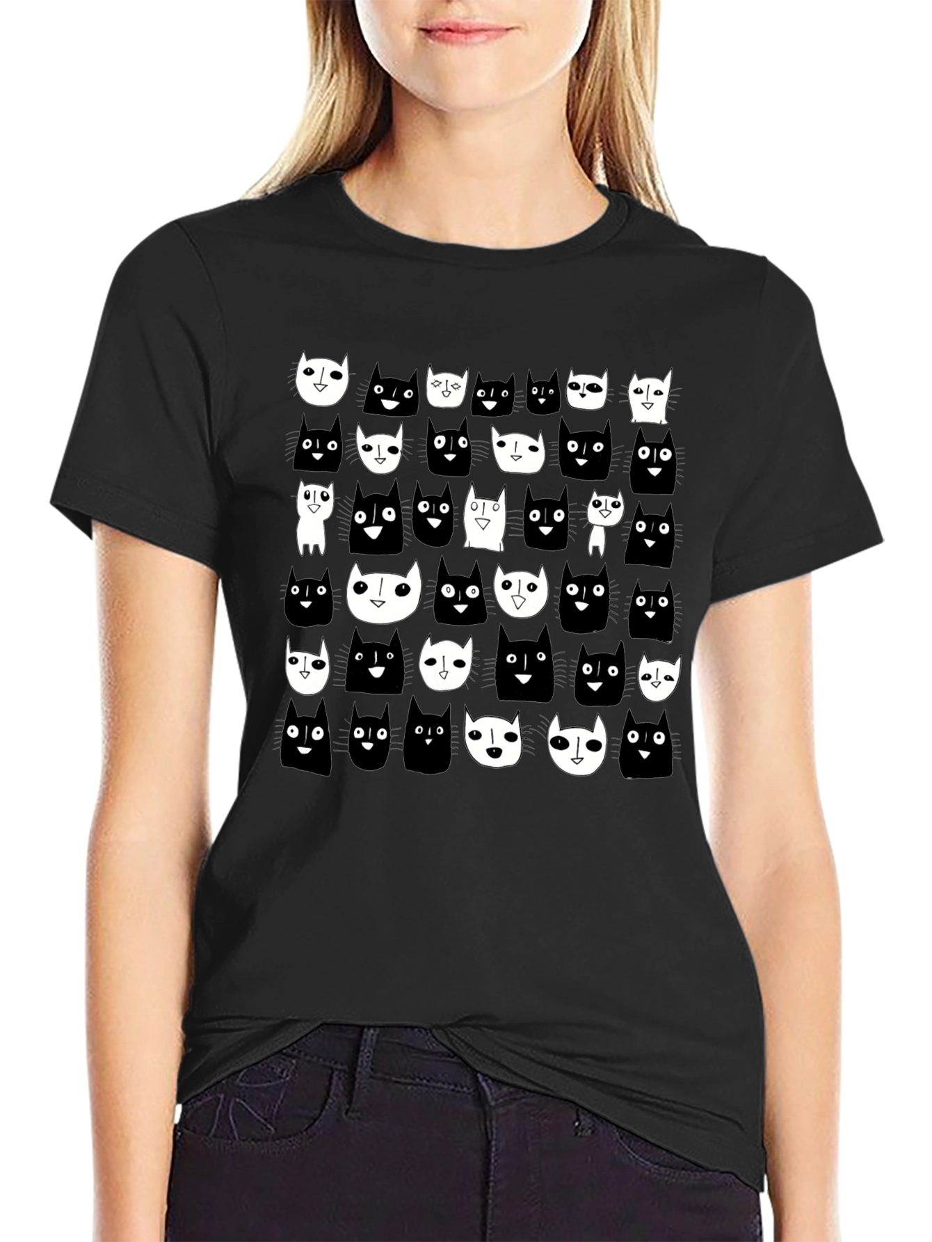 Black Black Cat Pattern T-Shirt view 2