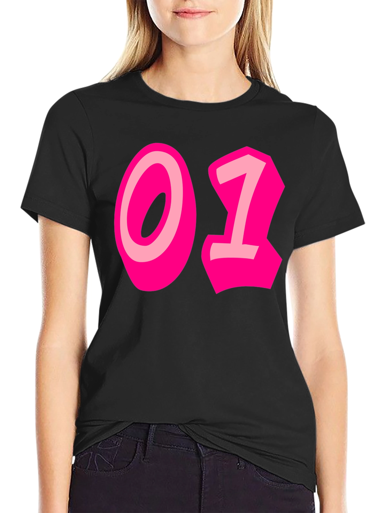 Black Black Tee with Bold Pink "01" Graphic view 2