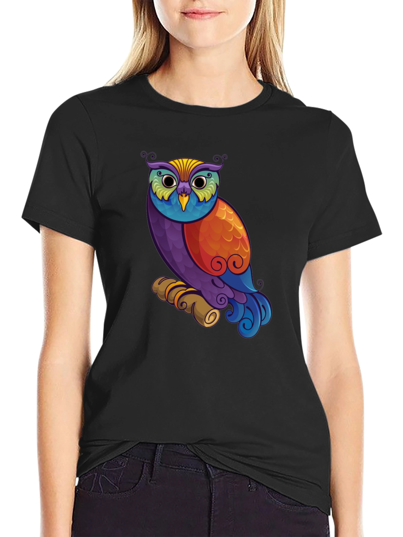 Black Colorful Owl Graphic Print Black T-Shirt view 2