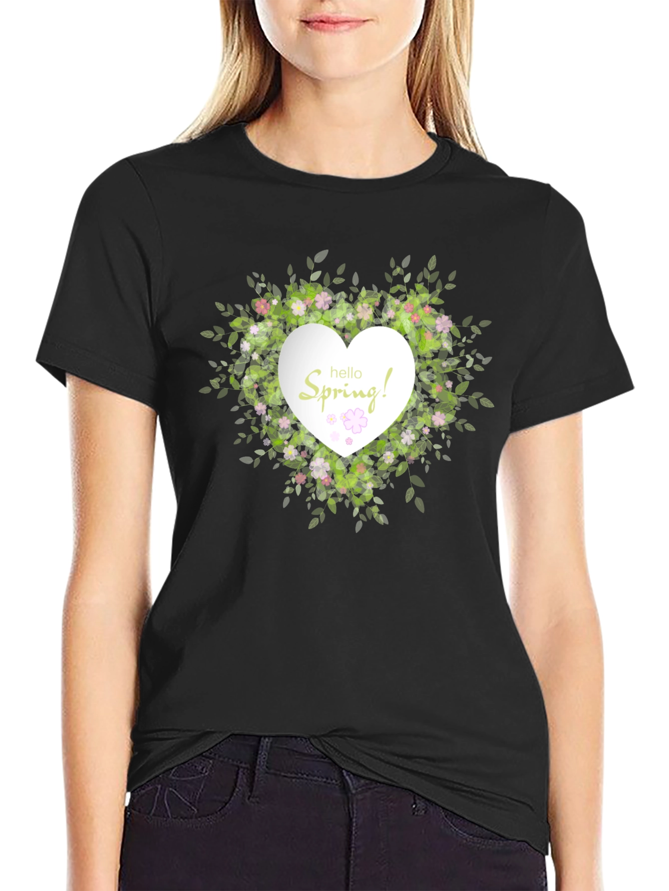 Black Spring Floral Heart T-Shirt - Black Cotton Tee view 2