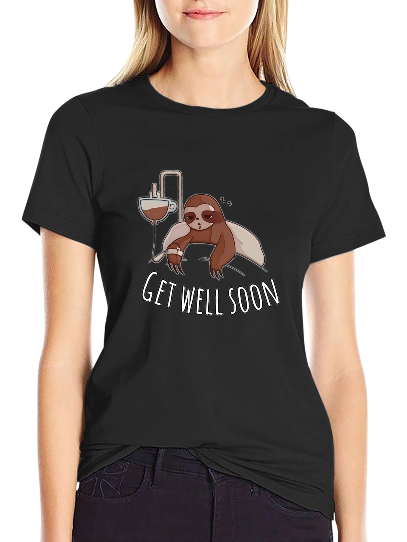 Black Get Well Soon Sloth Graphic T-Shirt view 2