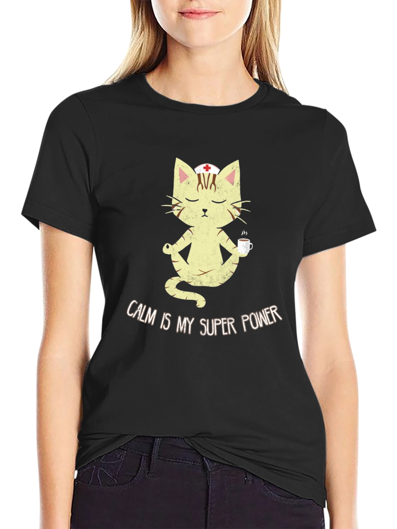 Black Calm is My Superpower Nurse Cat T-Shirt view 2