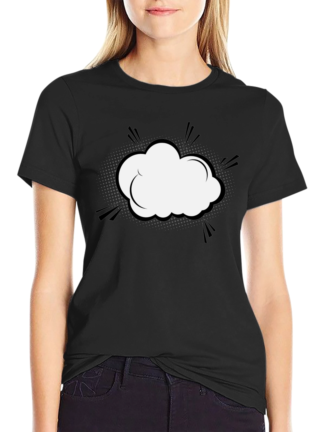 Black Men's Black T-Shirt with Comic Cloud Graphic view 2