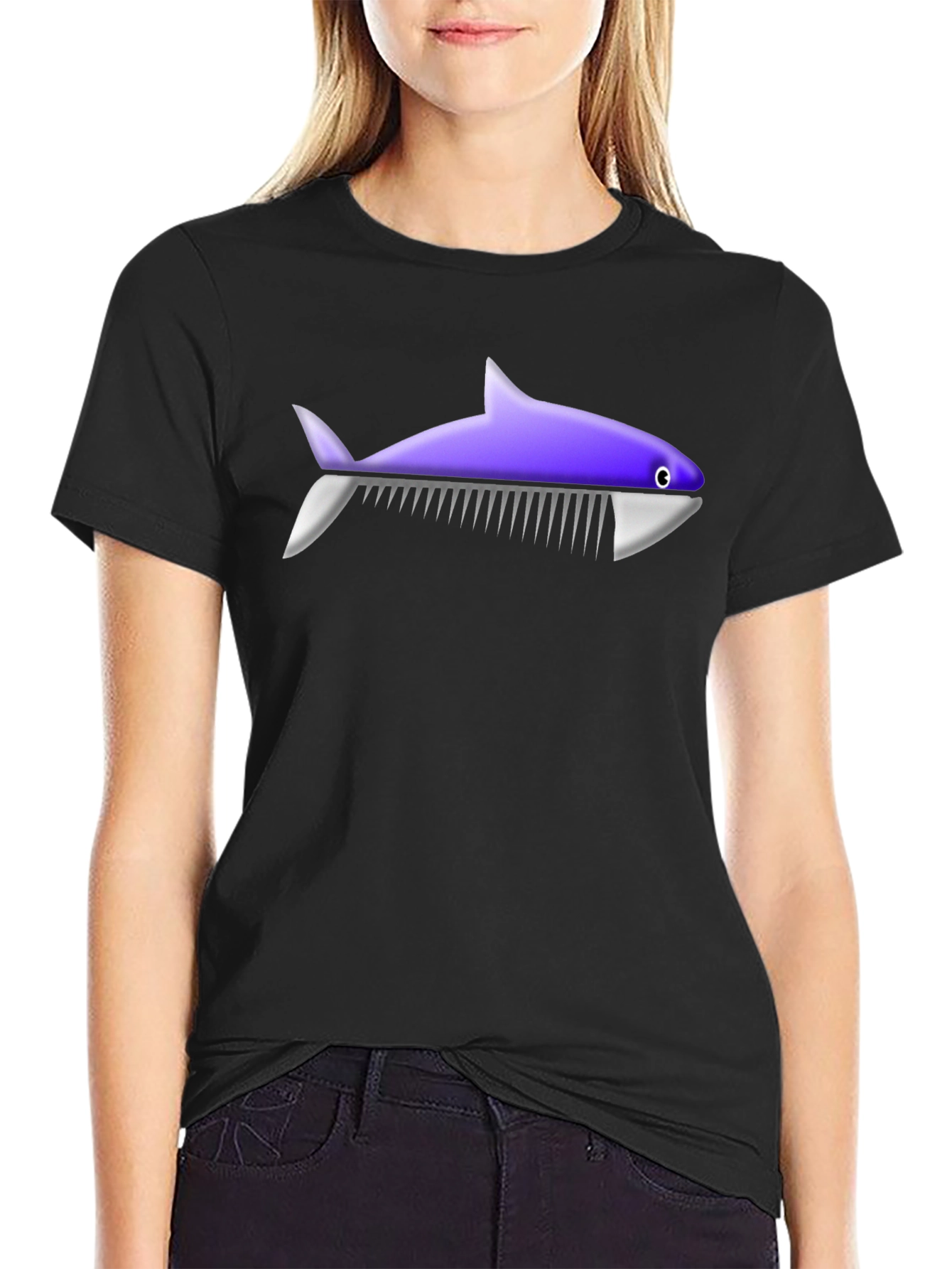 Black Novelty Shark Comb T-Shirt - Unique Graphic Tee view 2