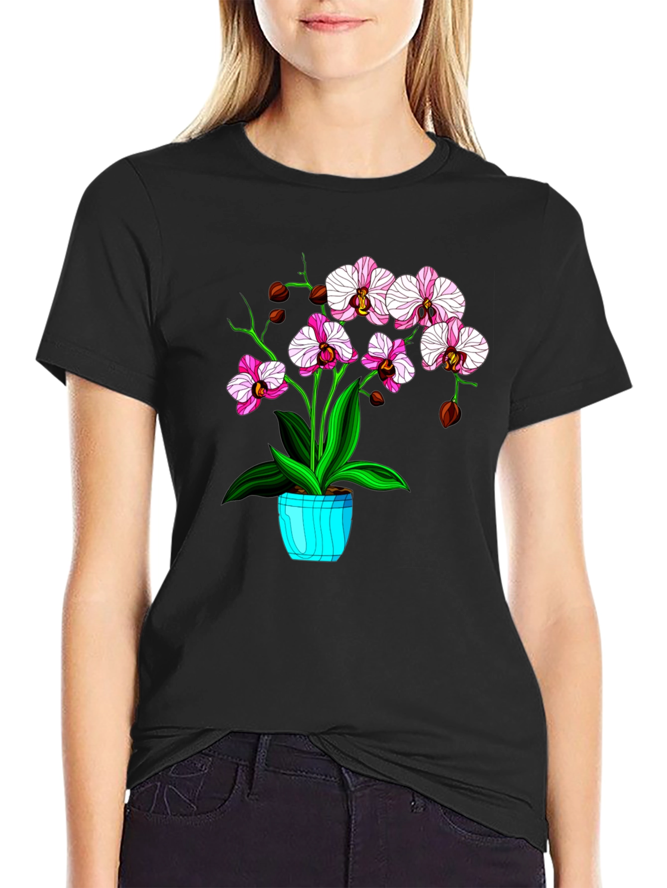 Black Floral T-Shirt with Orchid Plant Graphic view 2