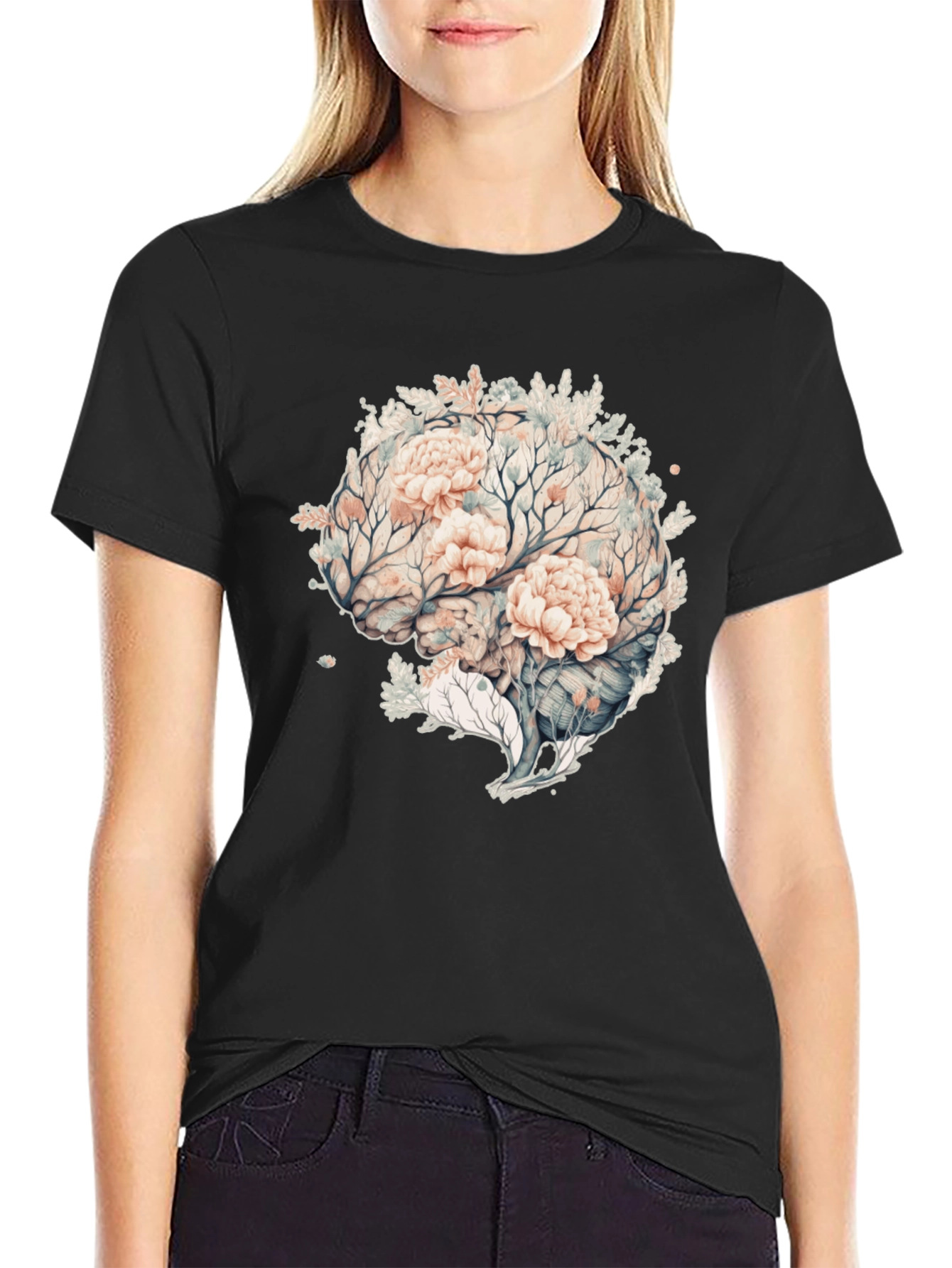 Black Floral Brain Graphic Tee - Unique Mens Black T-Shirt view 2