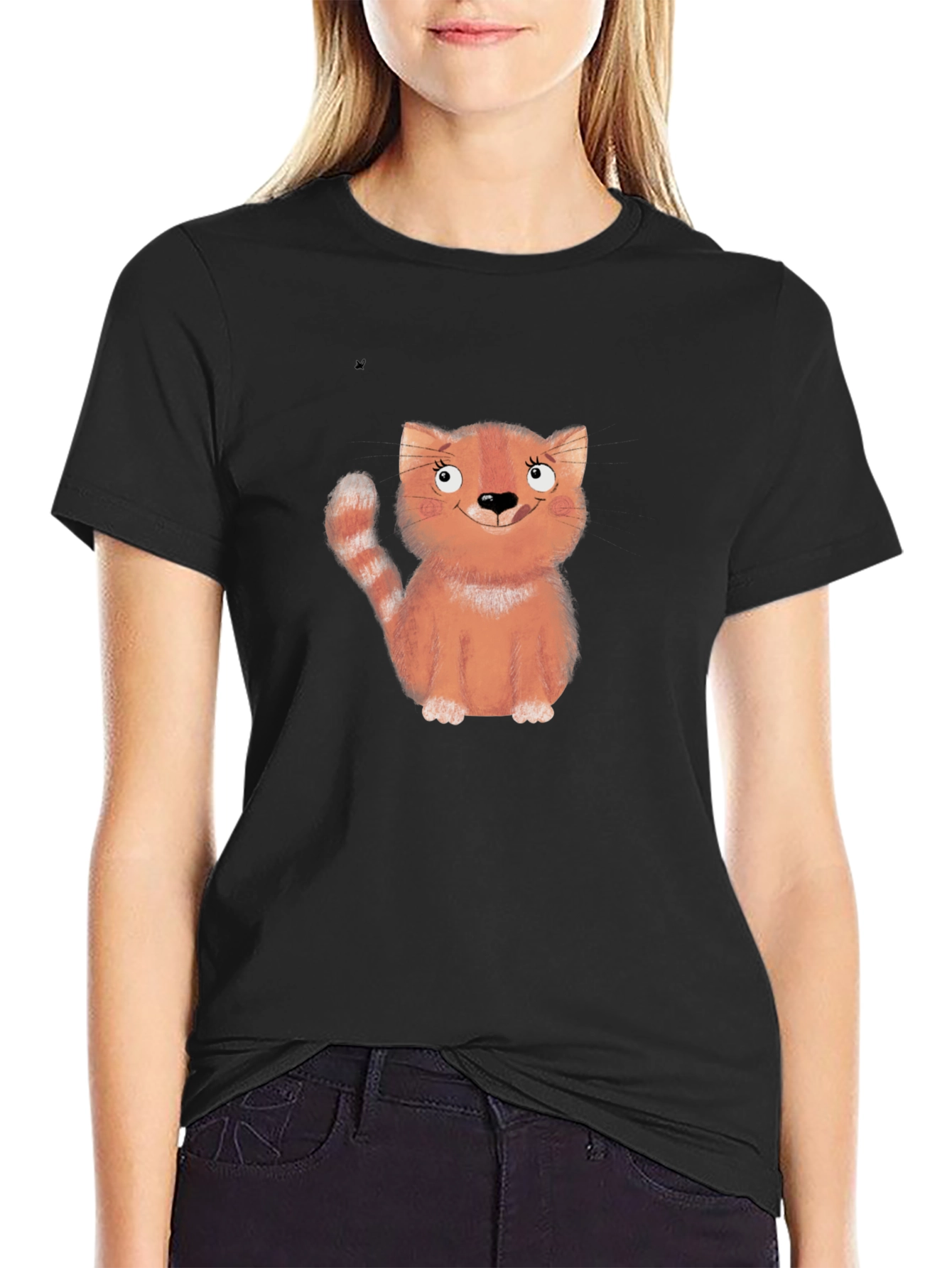 Black Cute Cartoon Cat Black T-Shirt view 2