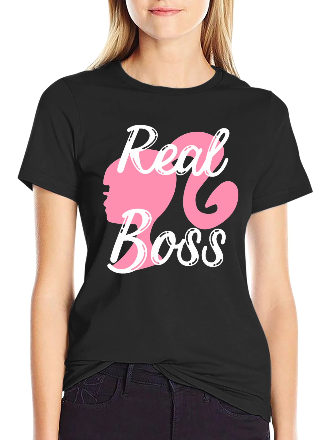 Black Real Boss T-Shirt Pink Silhouette view 2