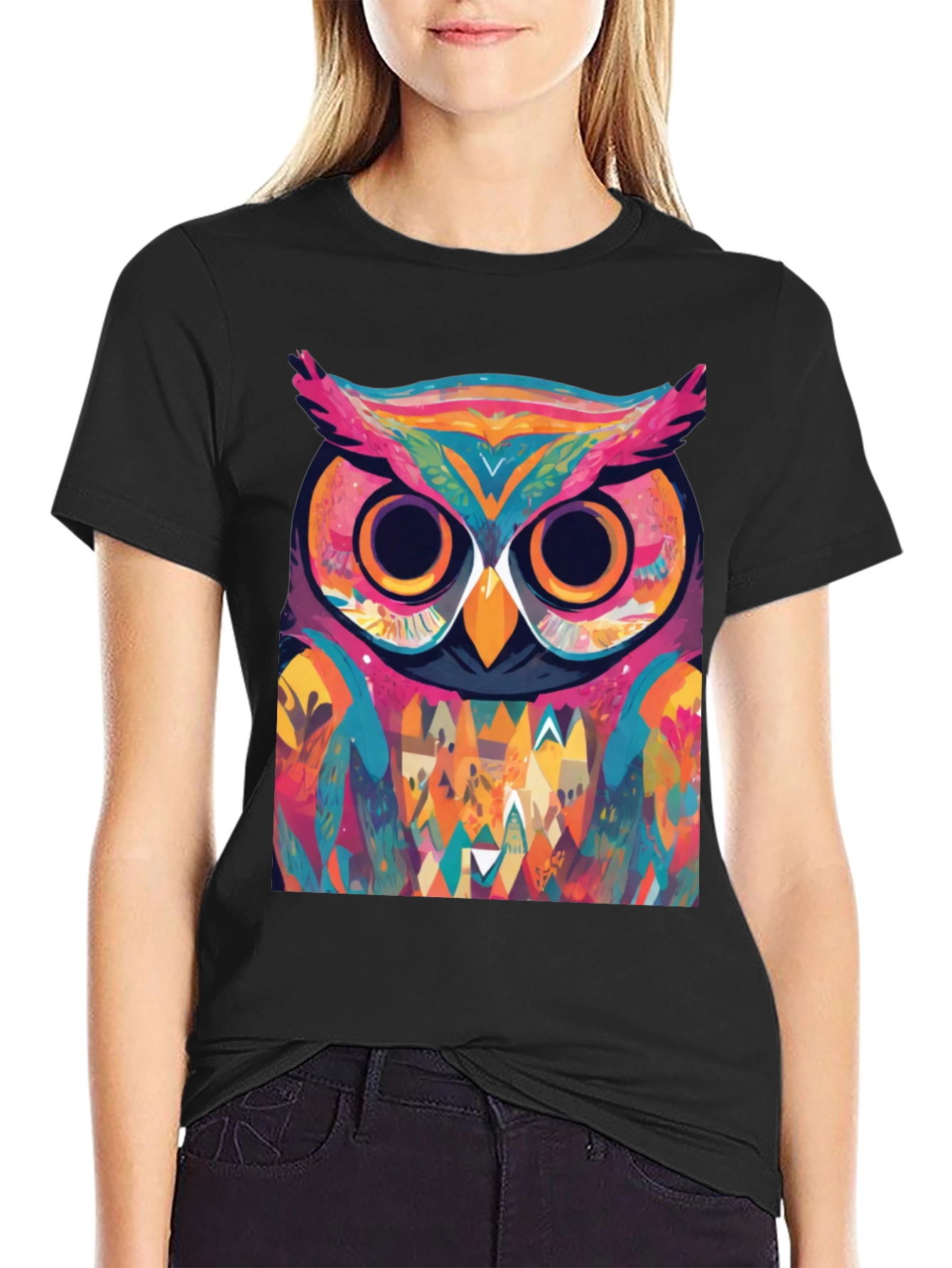 Black Abstract Owl Graphic Tee - Cool Colorful Design view 2