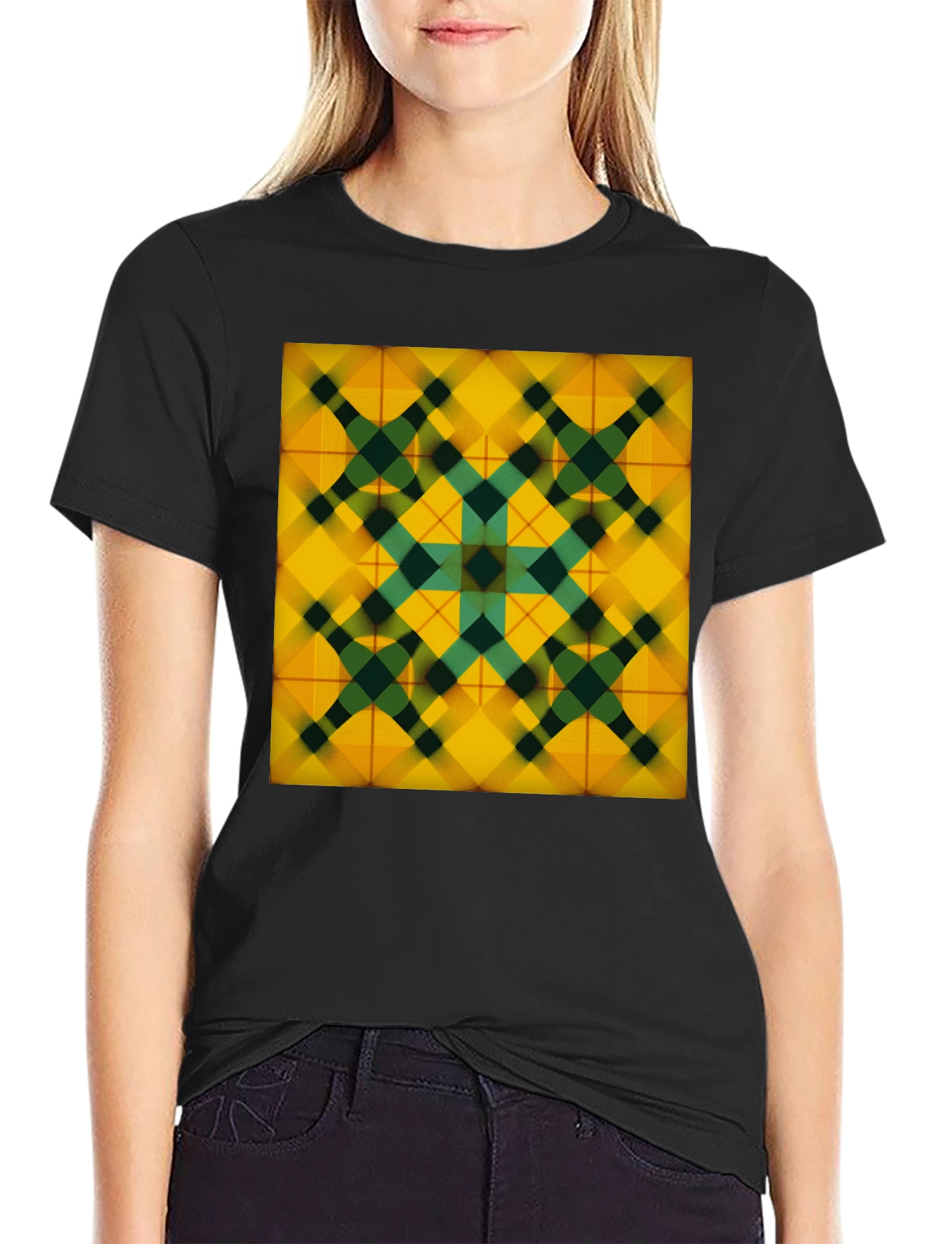 Black Geometric Plaid Tee - Stylish Graphic Print view 2