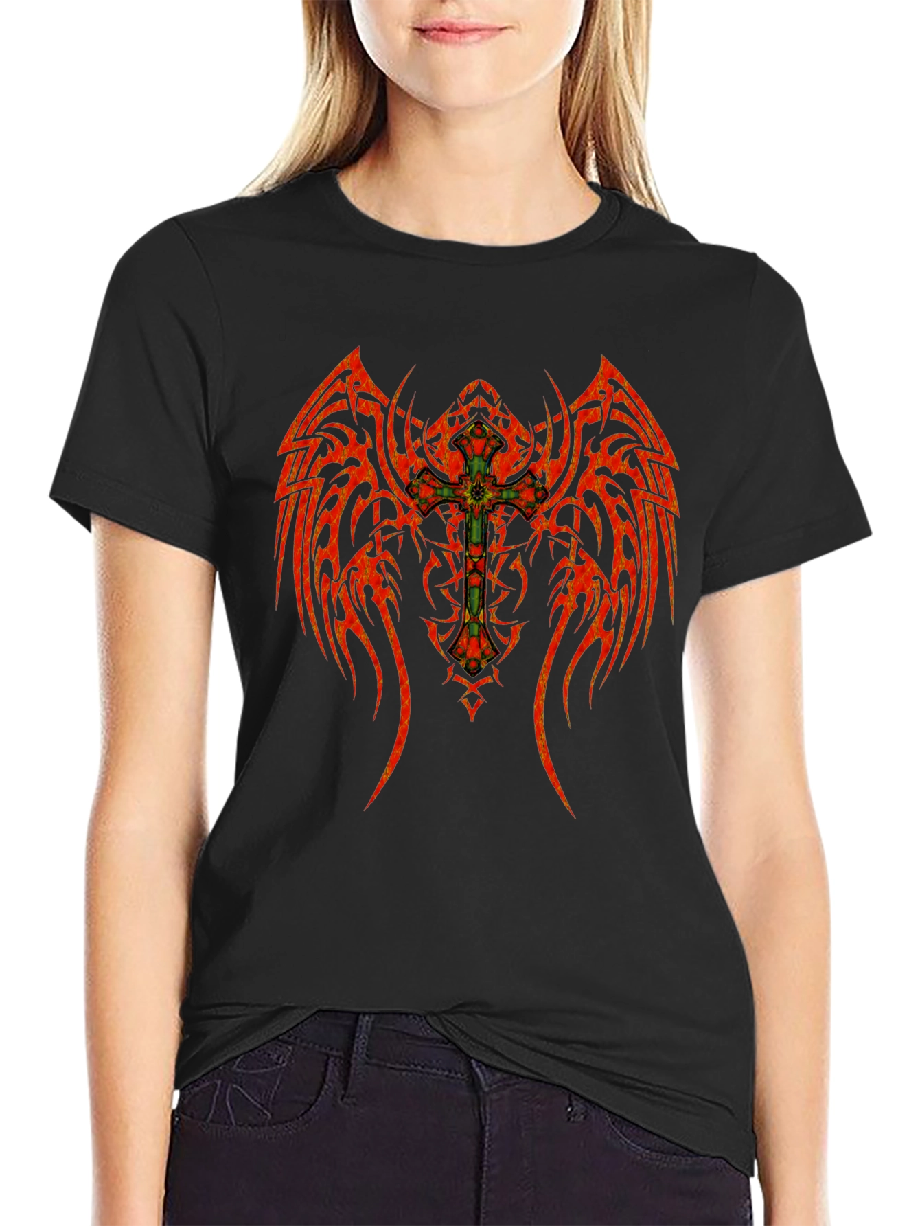 Black Tribal Winged Cross Graphic T-Shirt view 2