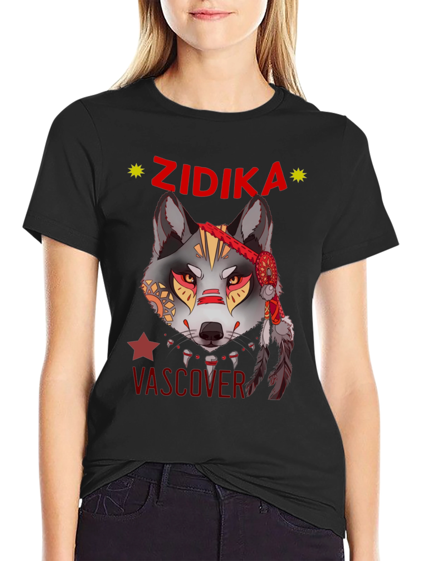 Black Wolf Graphic Print T-Shirt - Zidika Vascover Design view 2
