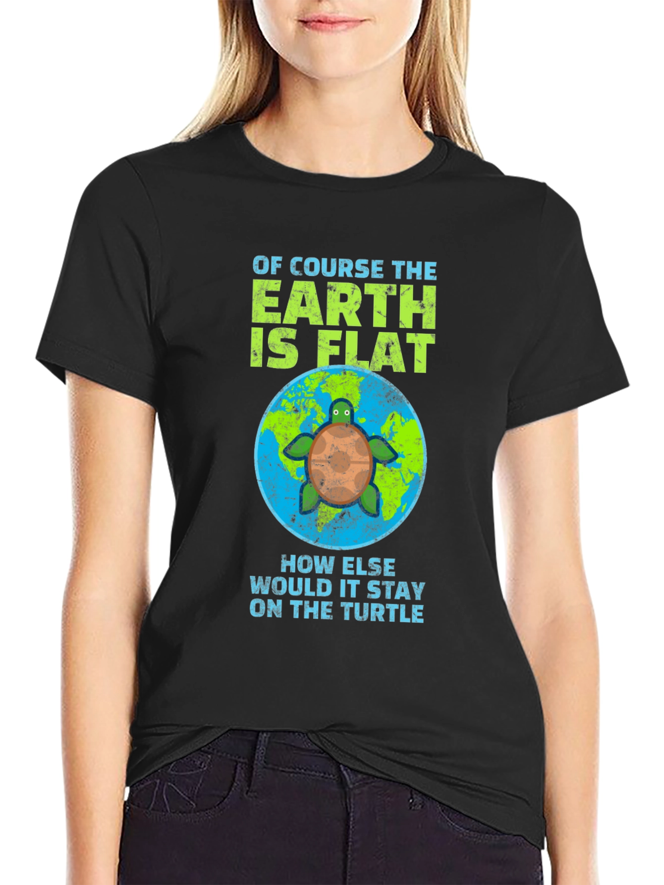 Black Flat Earth Turtle Humor T-Shirt view 2
