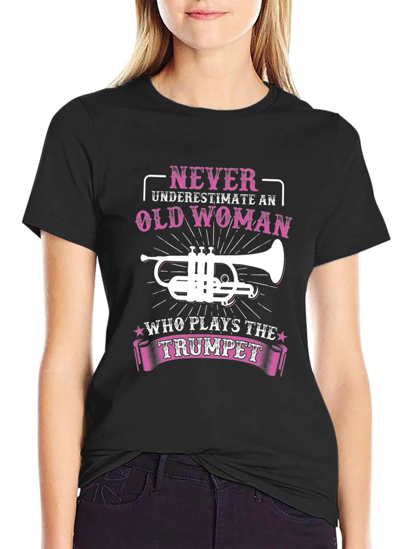 Black Never Underestimate Old Woman Trumpet Player T-Shirt view 2