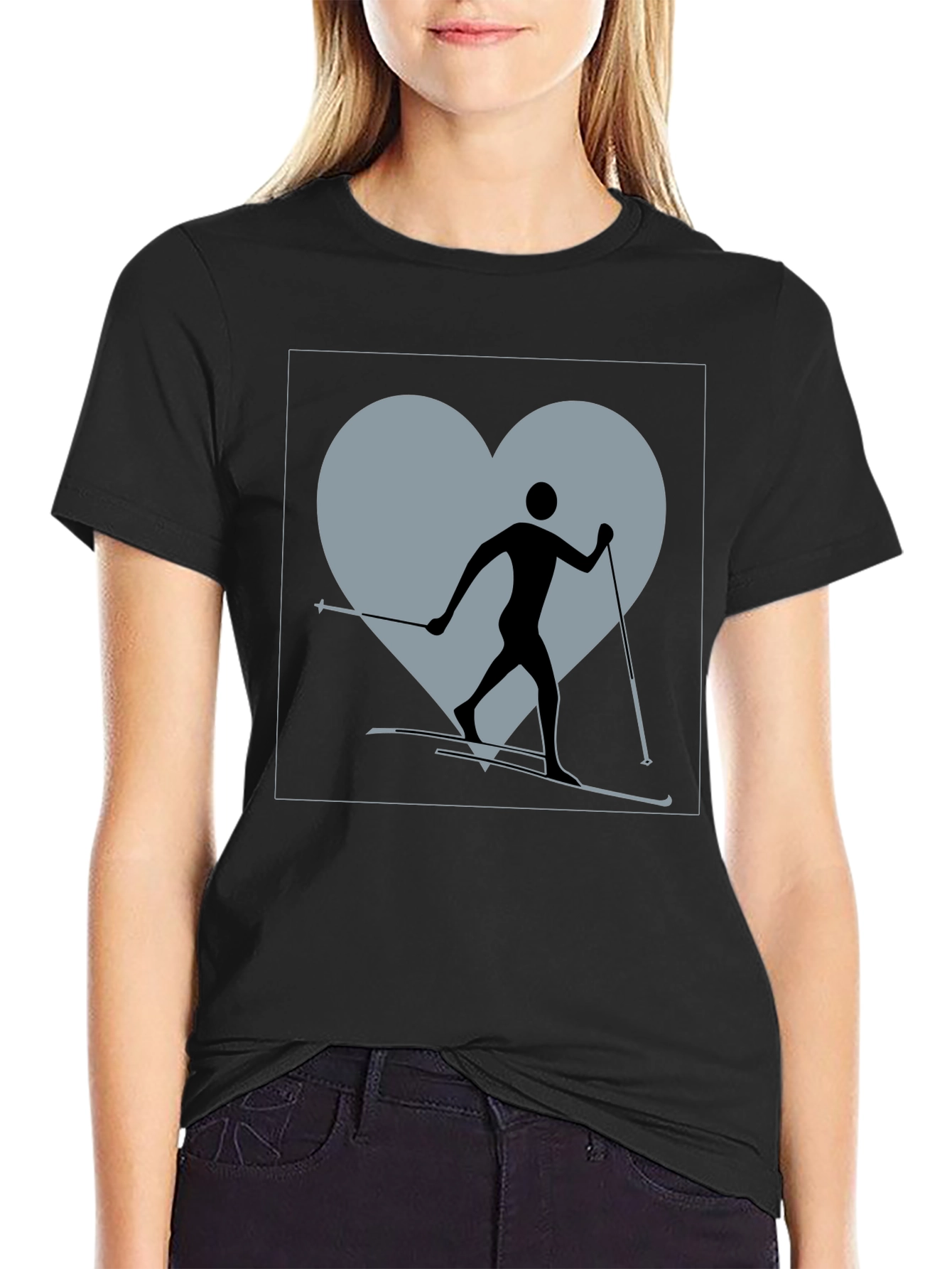 Black Cross Country Skiing Heart T-Shirt view 2